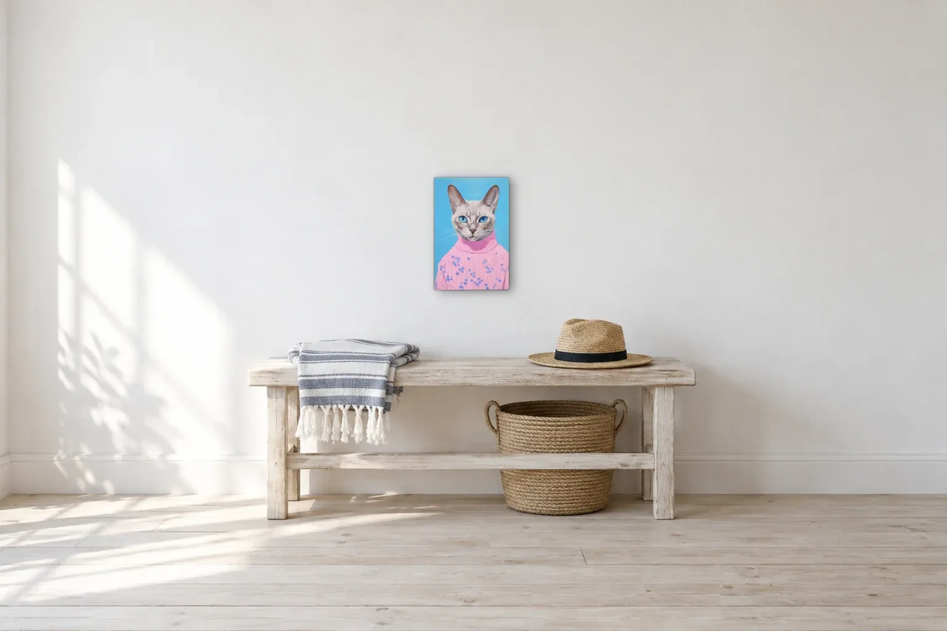 Katze im rosa Pullover als Wandbild über einer 100-cm-Bank