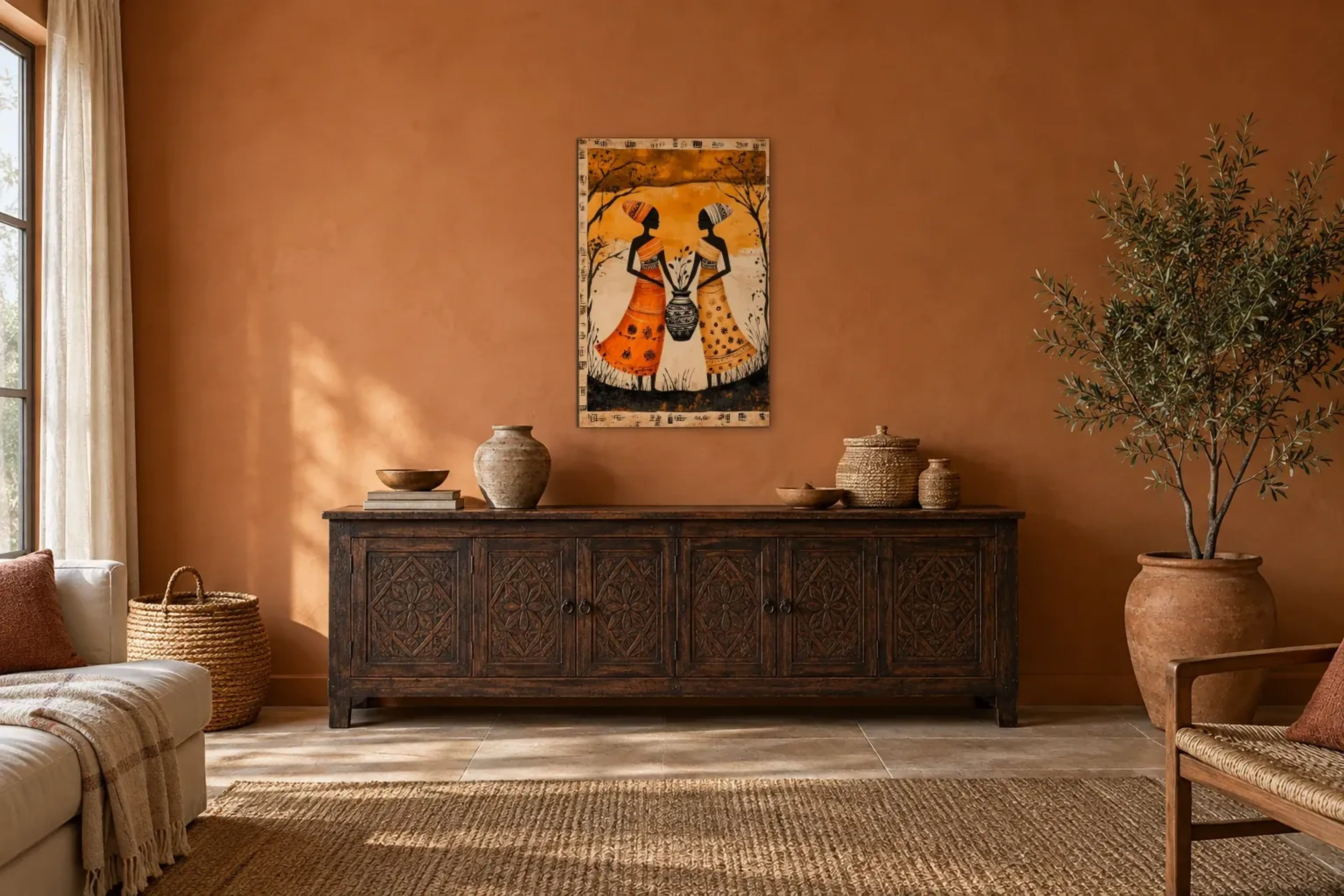 Frauen mit Ziervase als Wandbild über einem 180-cm-Sideboard