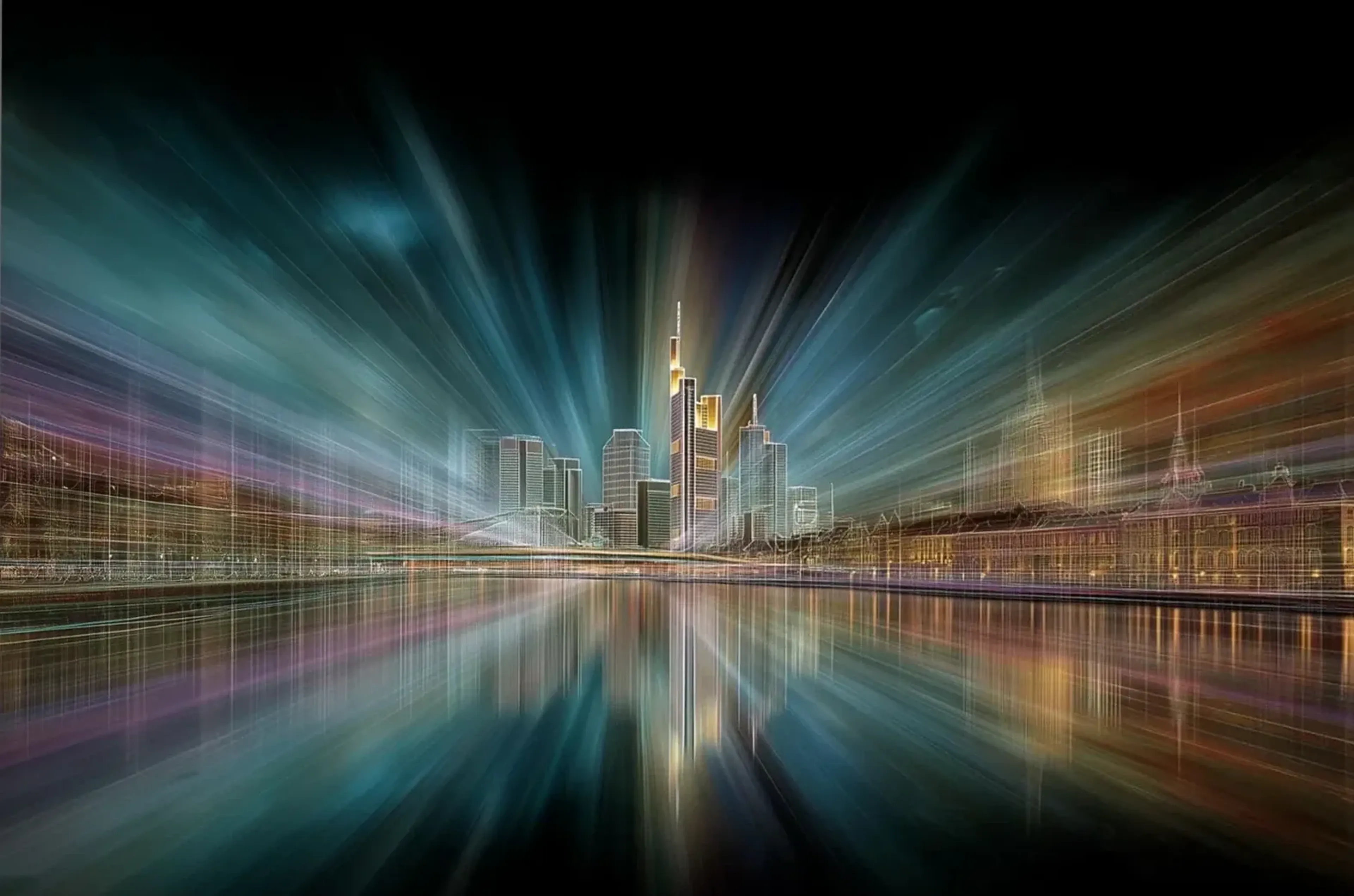 Frankfurter Skyline mit feinen Gebäudekonturen und türkisfarbenen, goldenen und violetten Lichtstrahlen.