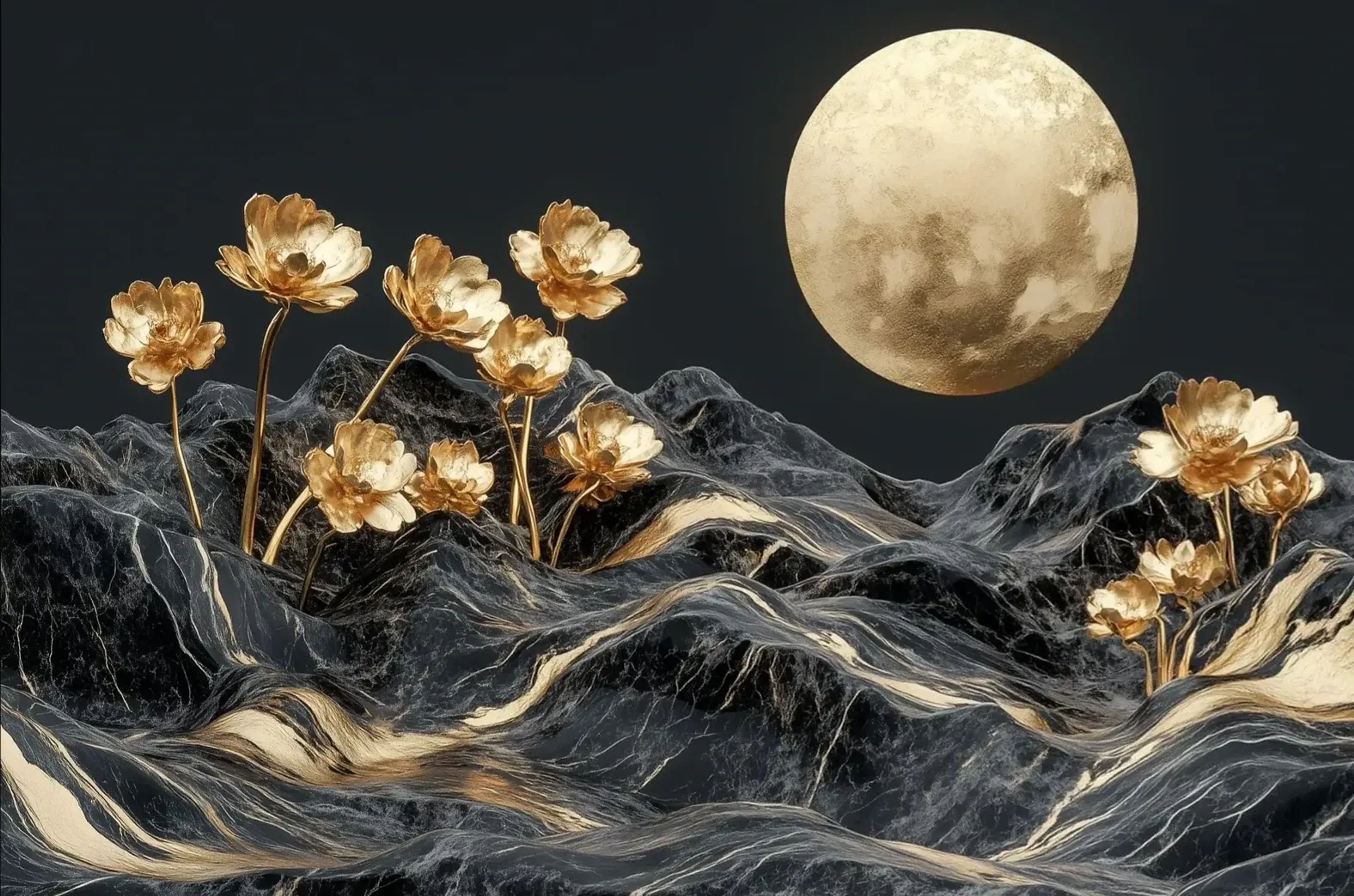 Goldfarbener Mond über dunklen, geäderten Hügeln mit gold- und cremefarbenen Blumen.