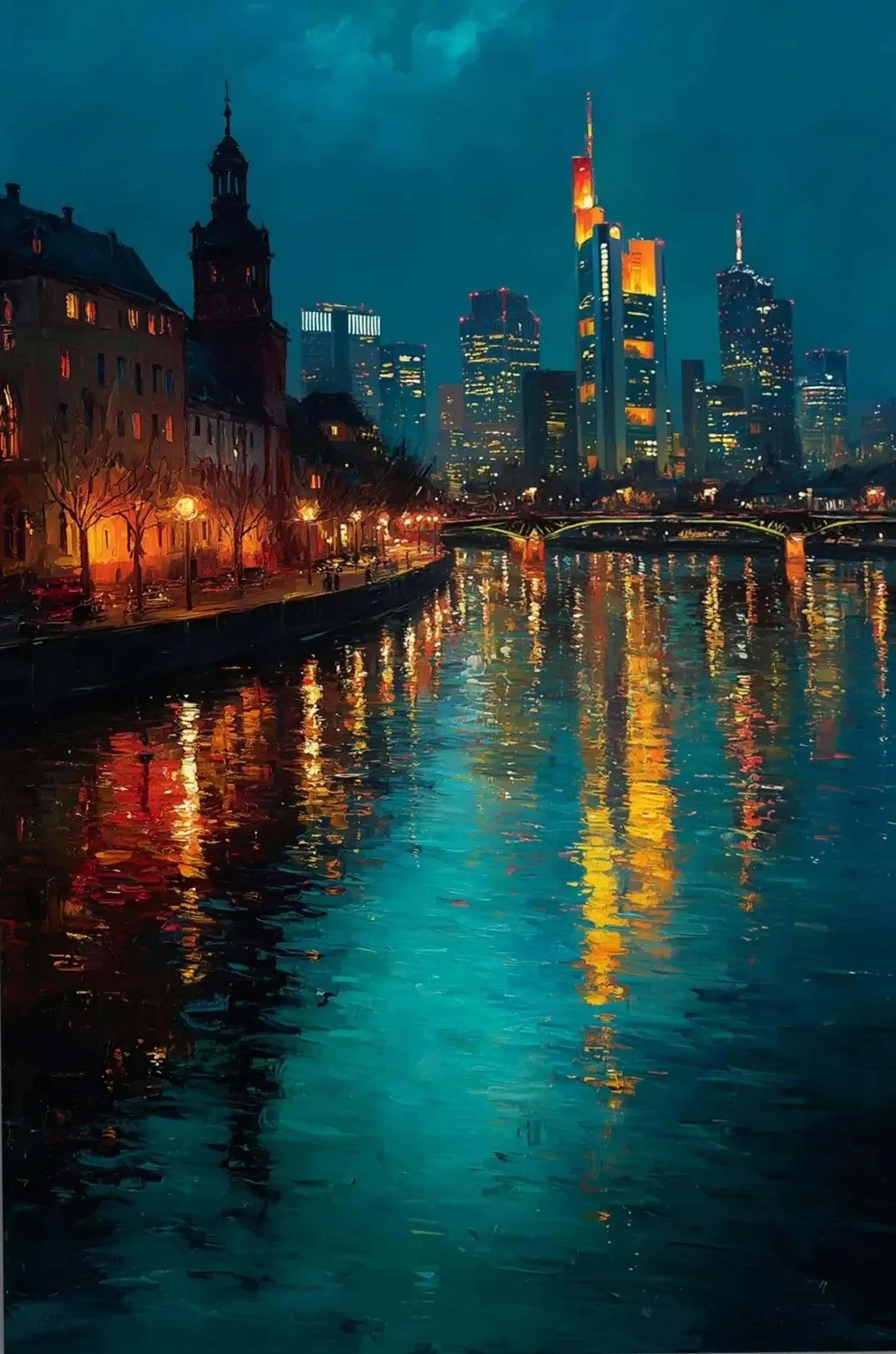 Frankfurter Skyline bei Nacht mit beleuchtetem Ufer, einer Brücke und goldenen Spiegelungen im türkisblauen Wasser.