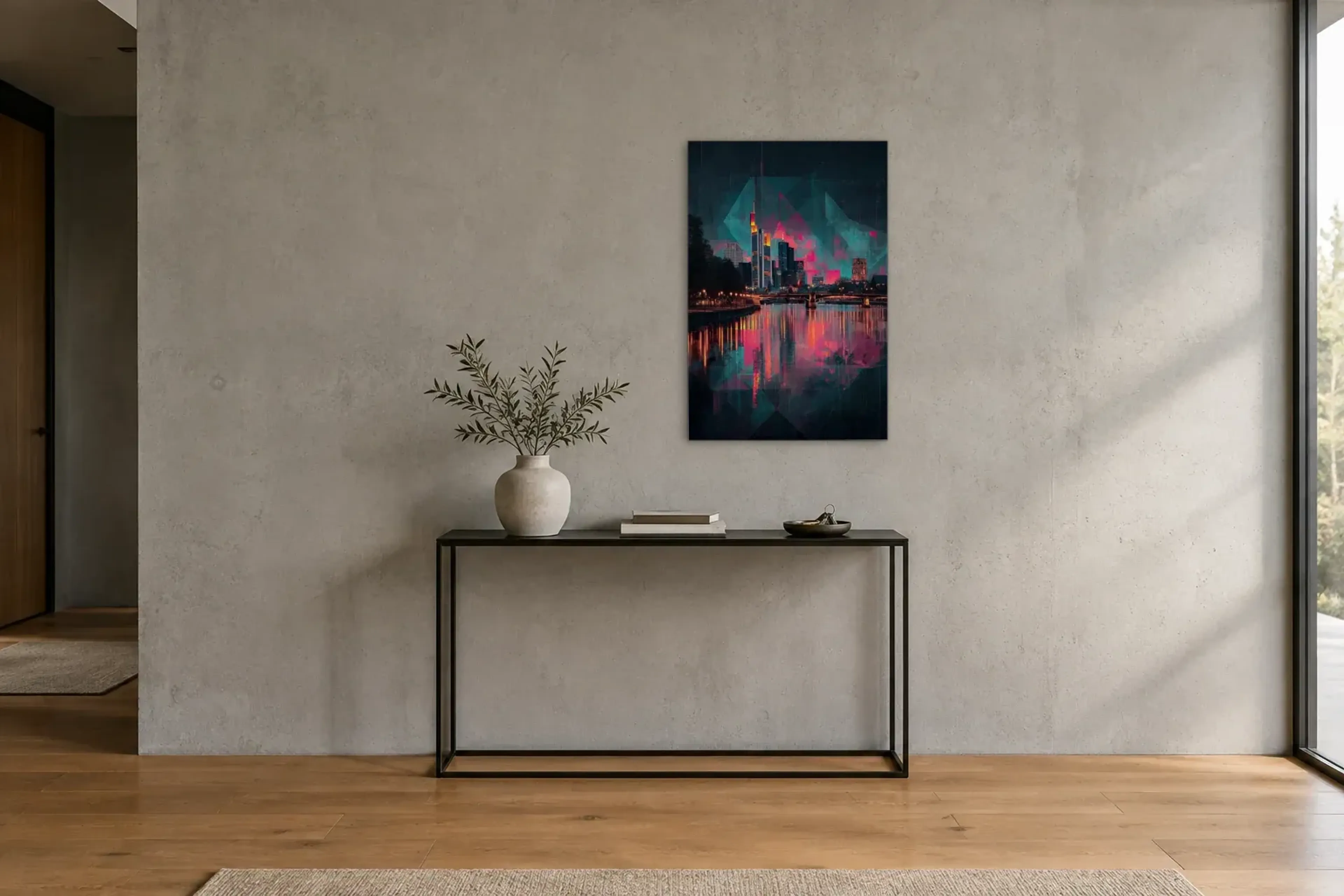 Frankfurt in Türkis und Pink als Wandbild über einer 120-cm-Konsole