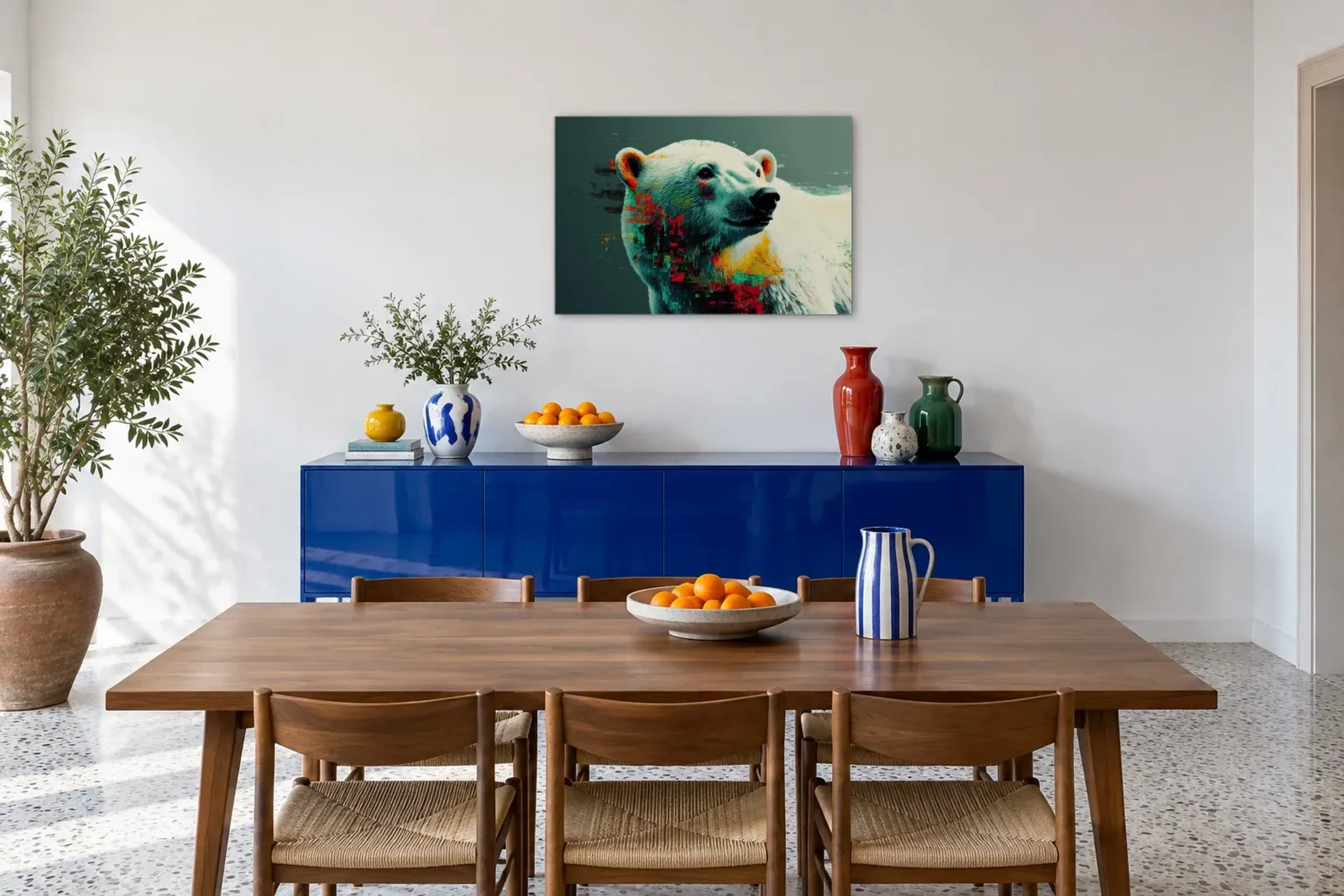 Eisbär mit sanftem Blick als Wandbild über einem 180-cm-Sideboard