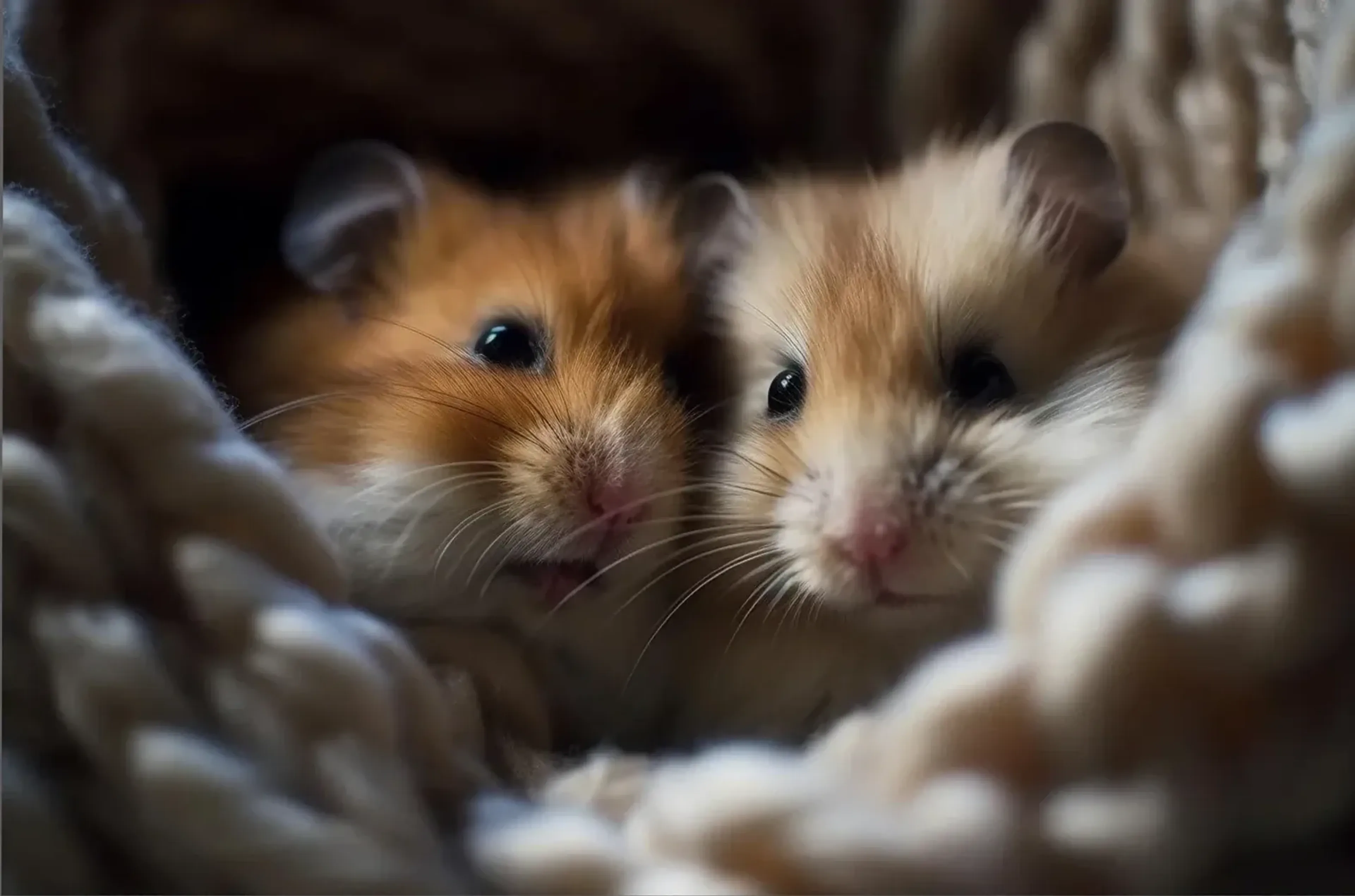 Zwei goldbraune und cremefarbene Hamster schauen dicht nebeneinander aus einem weich umrahmten Versteck.