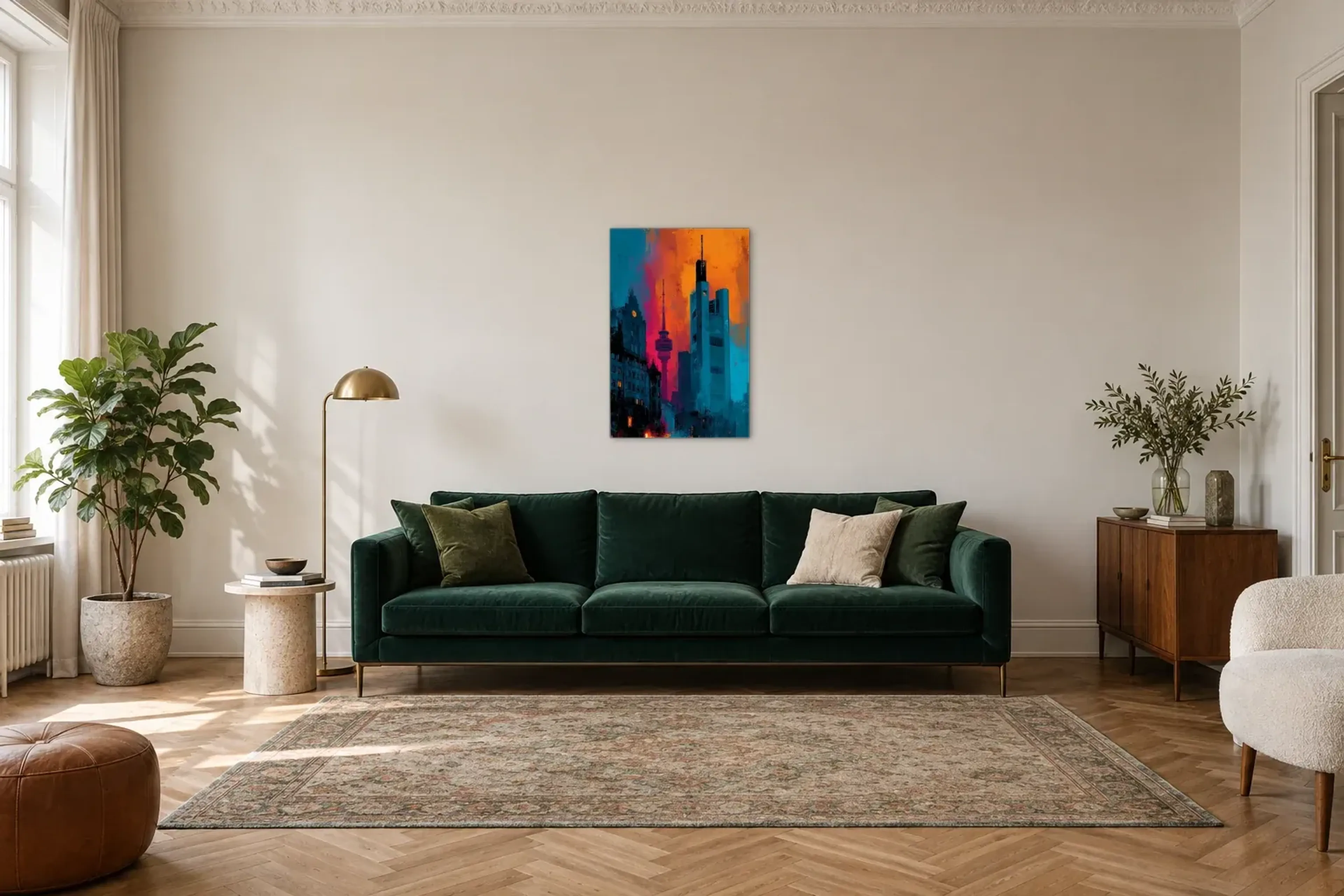 Türme in Orange und Petrol als Wandbild über einem 220-cm-Sofa