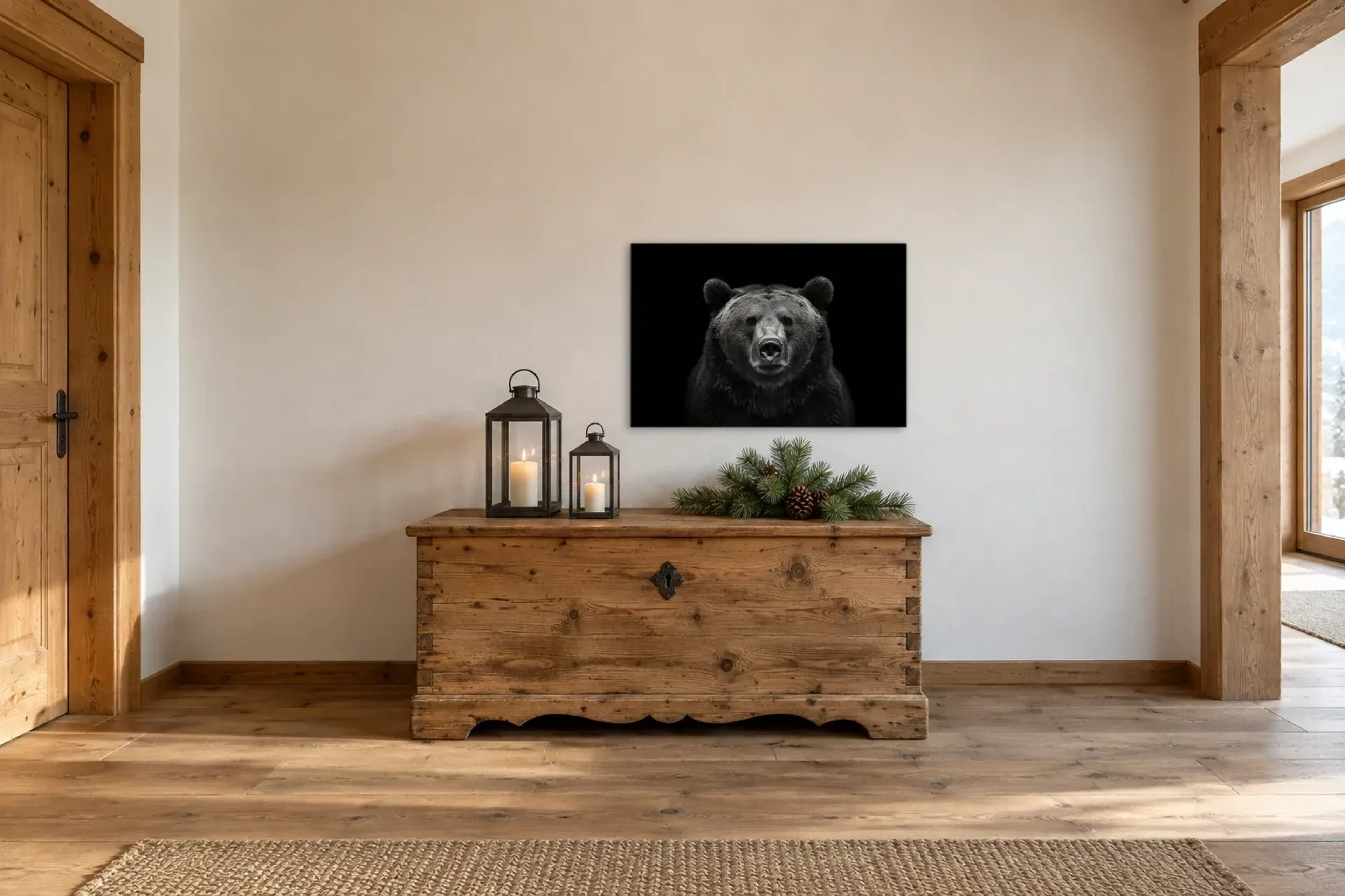 Bär im Dunkeln als Wandbild über einer 140-cm-Truhe