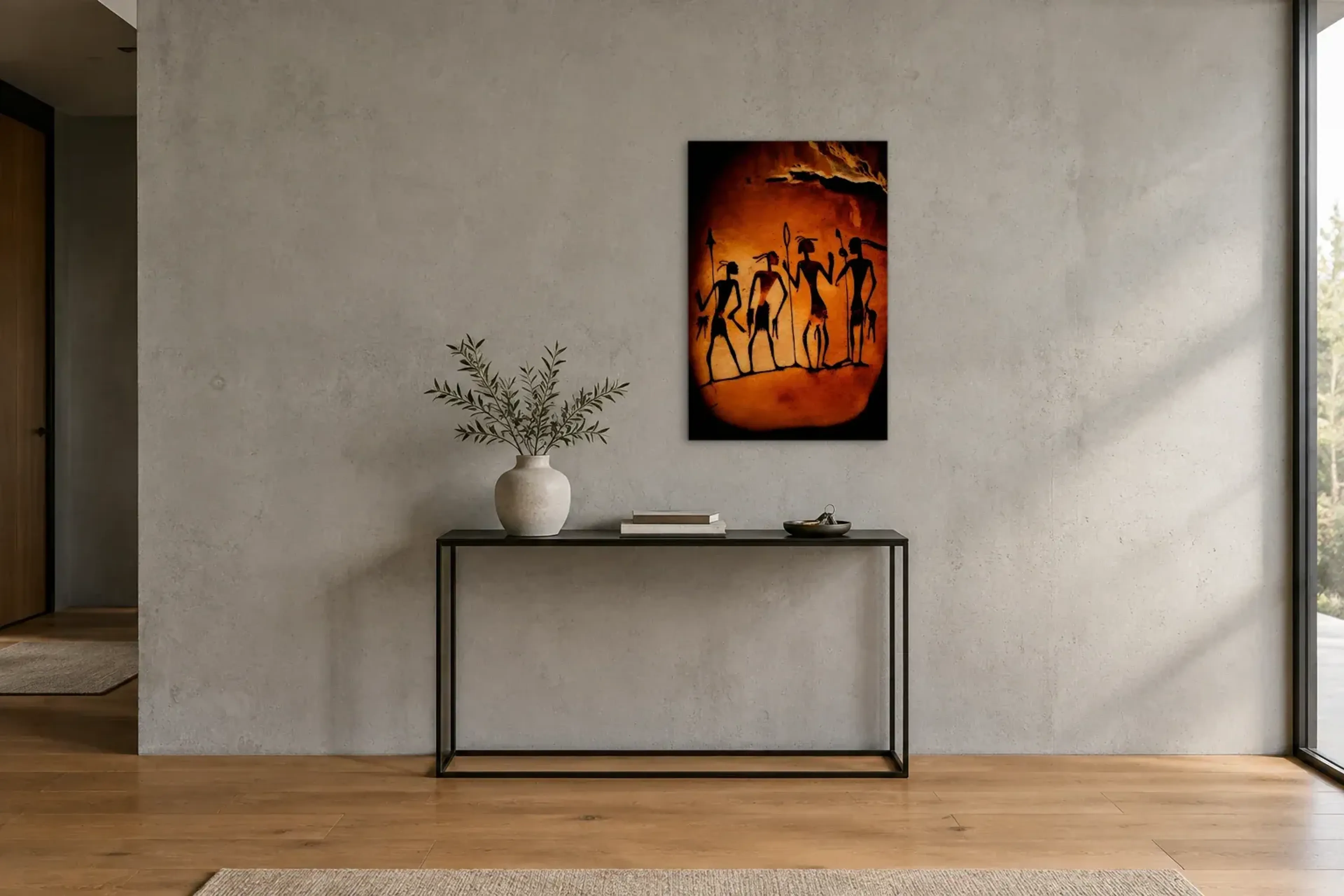 Figuren im Felslicht als Wandbild über einer 120-cm-Konsole