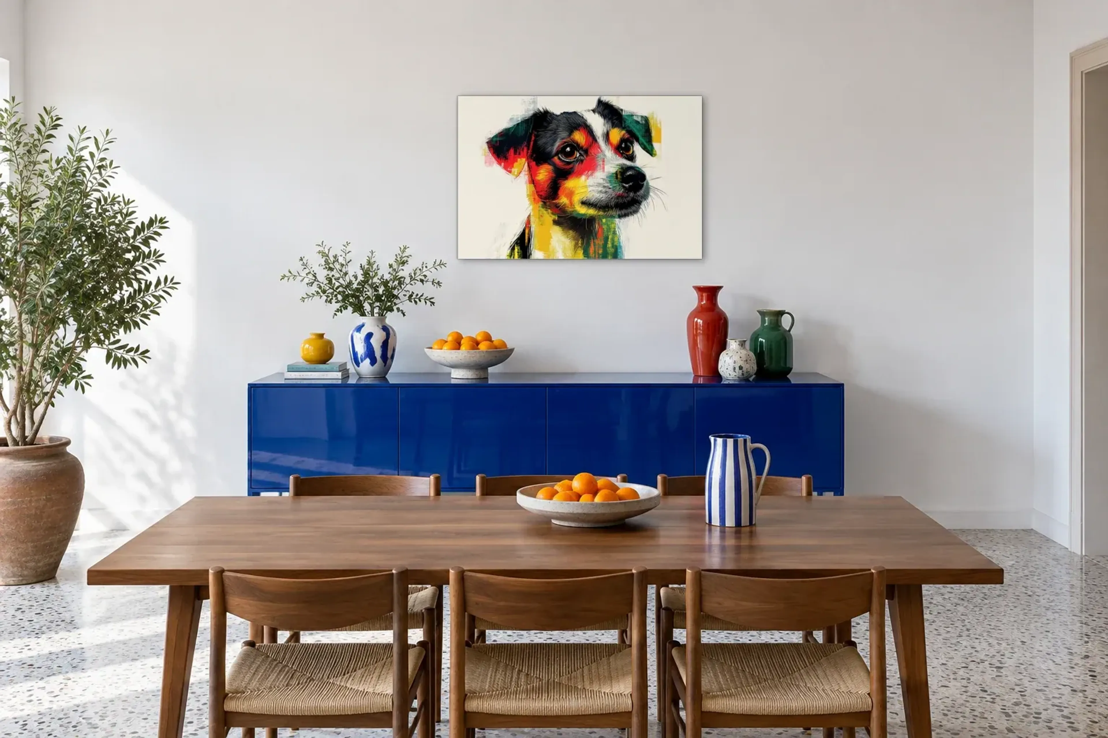 Jack Russell im Seitenblick als Wandbild über einem 180-cm-Sideboard