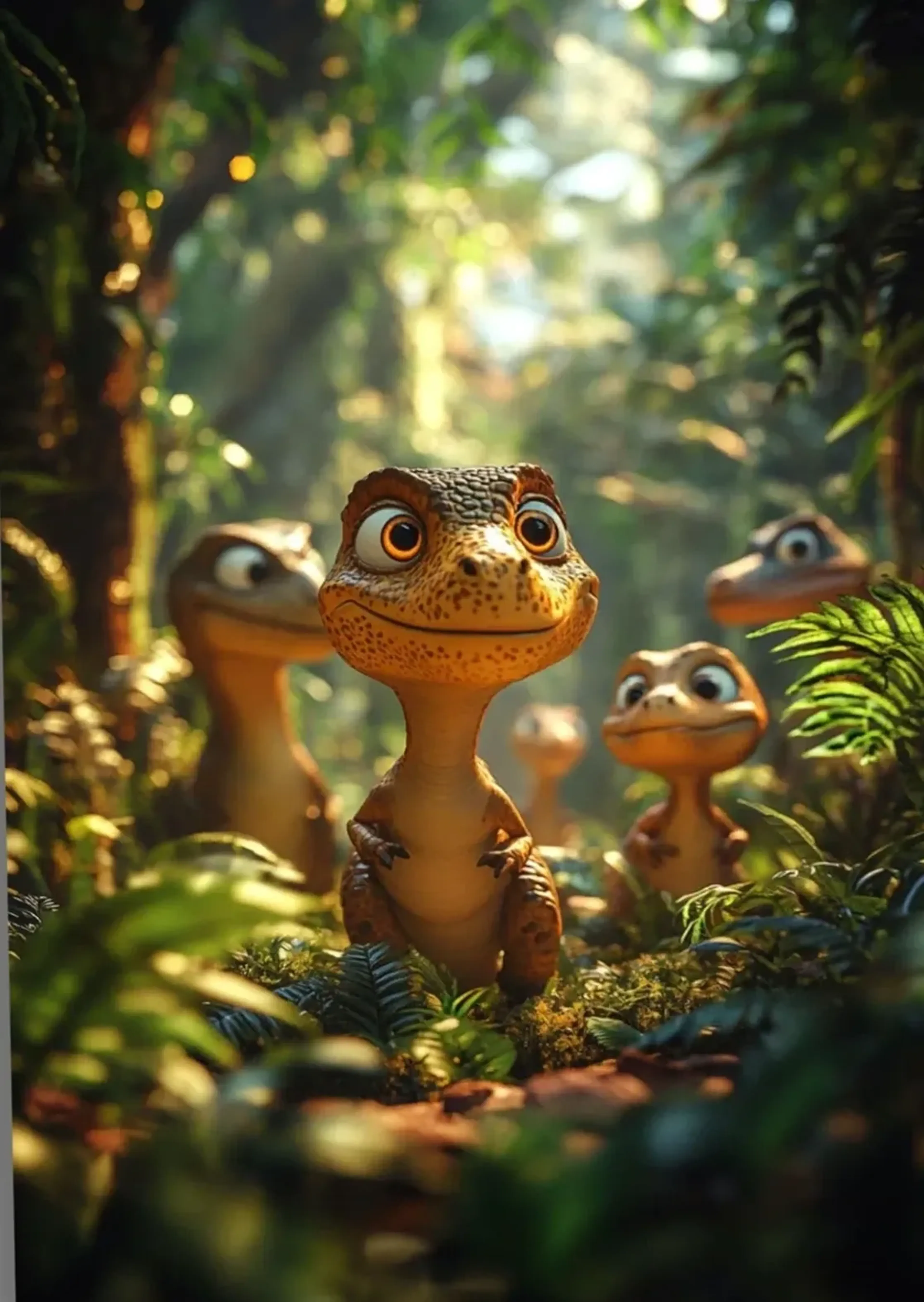 Ein kleiner brauner Dino mit orangefarbenen Augen steht zwischen Farnen, hinter ihm weitere Dinos im Wald.