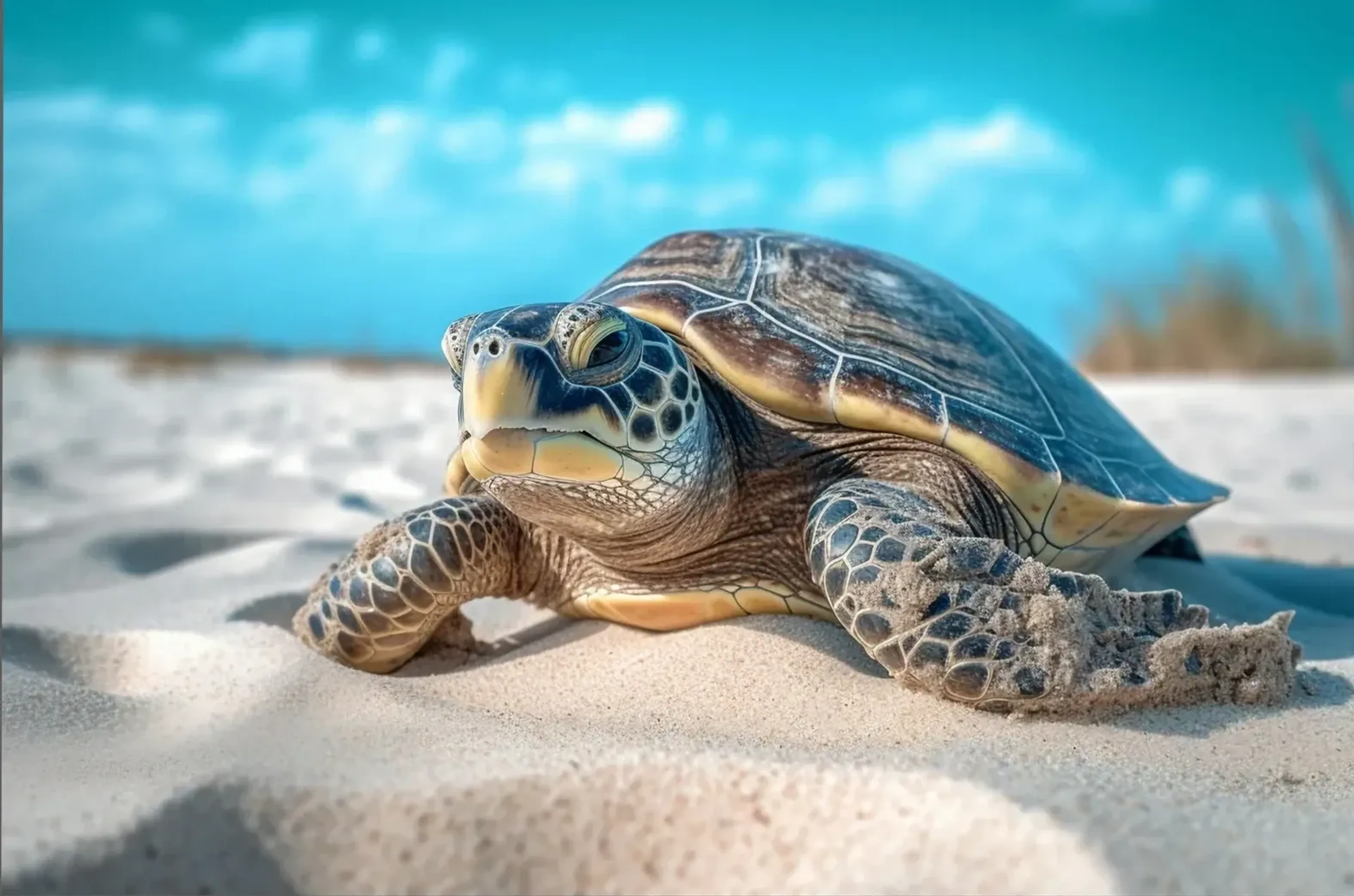 Eine Meeresschildkröte liegt mit ausgestreckten Flossen auf hellem Sand vor türkisfarbenem Wasser.