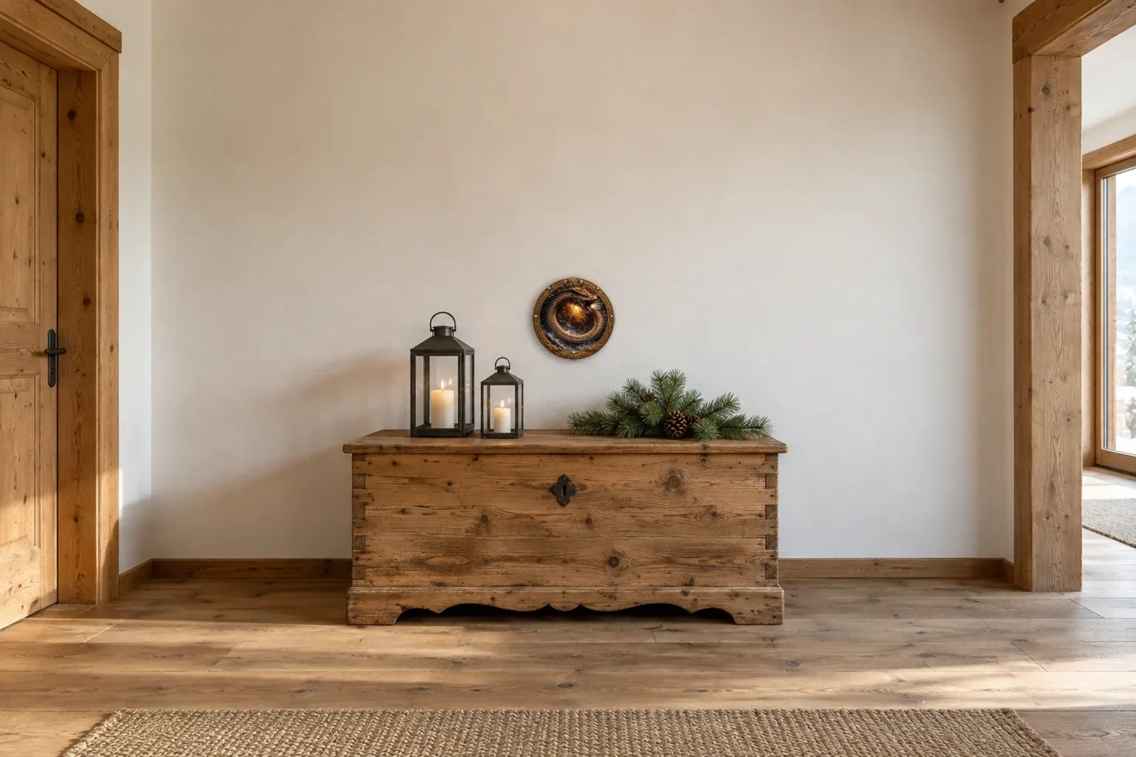 Jörmungandr als Wandbild über einer 140-cm-Truhe