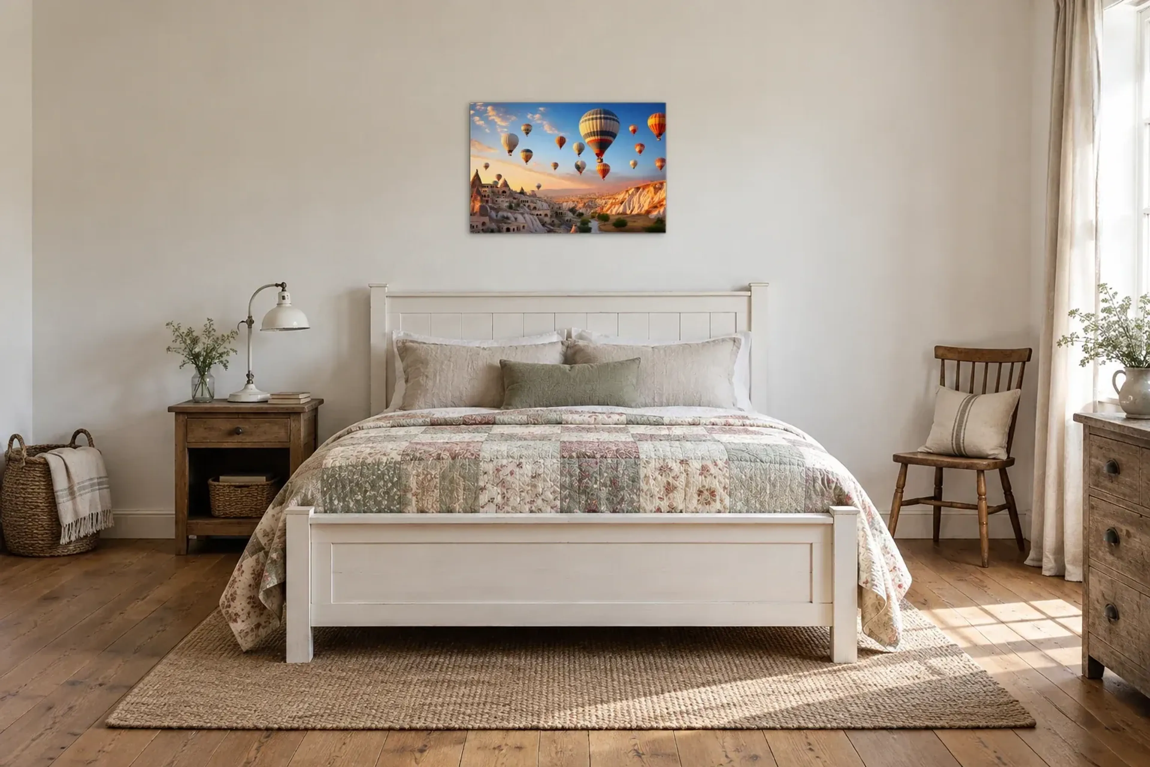 Ballons über Felsen als Wandbild über einem 160-cm-Bett