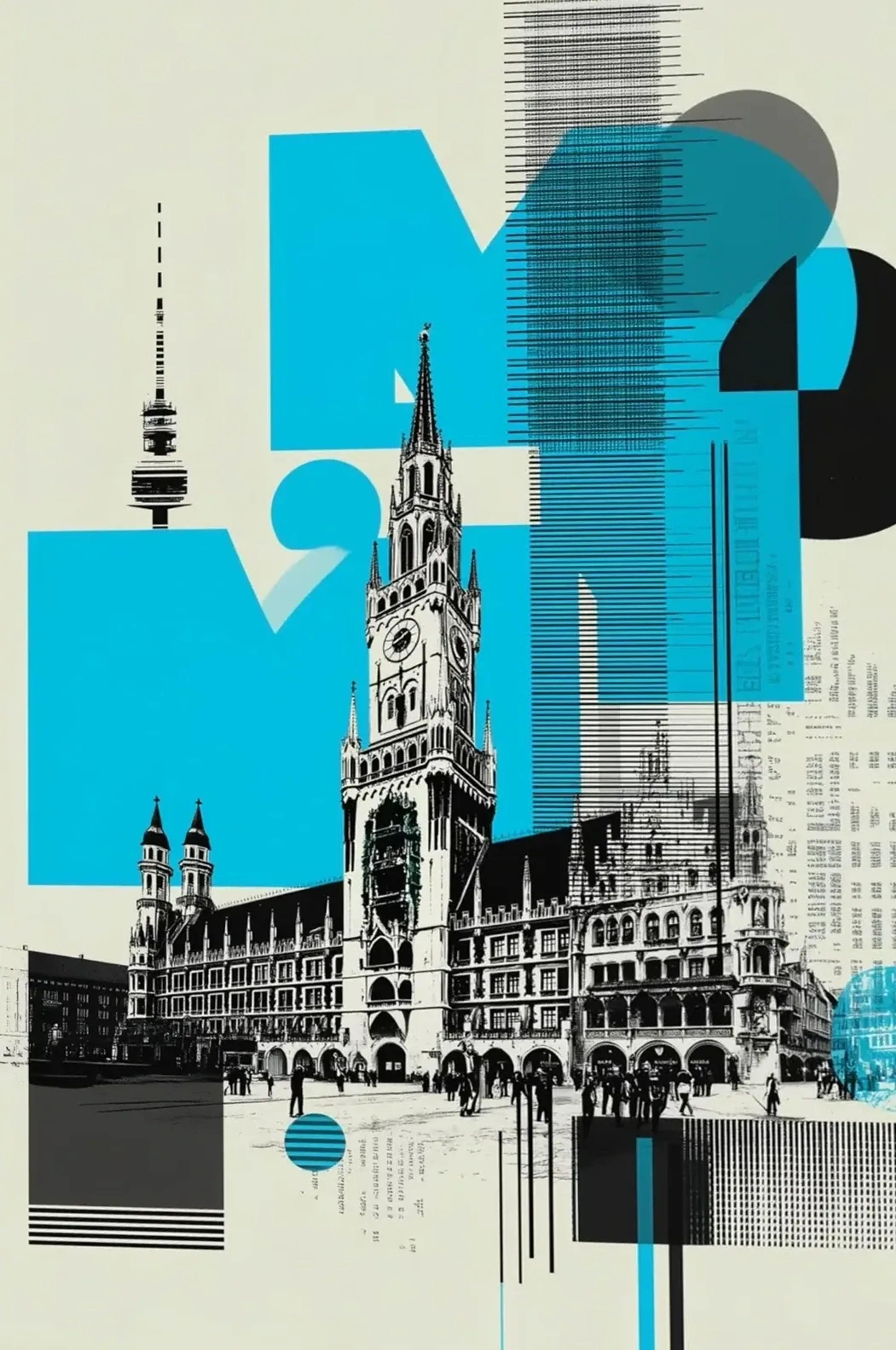 Münchner Rathaus in Schwarz-Weiß mit türkisen Formen, schwarzen Linienrastern und cremefarbenem Hintergrund.