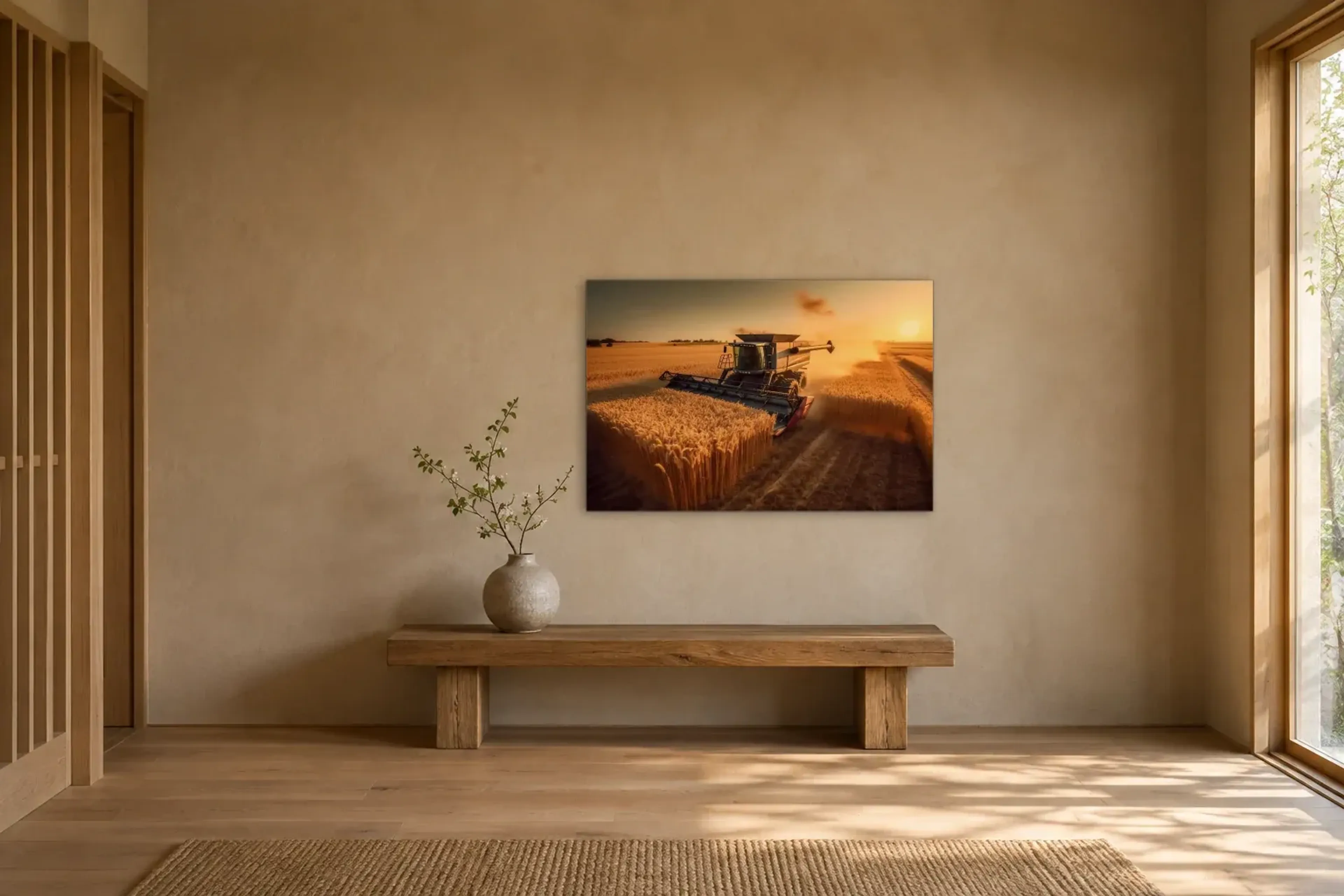 Ernte im Abendlicht als Wandbild über einer 120-cm-Holzbank