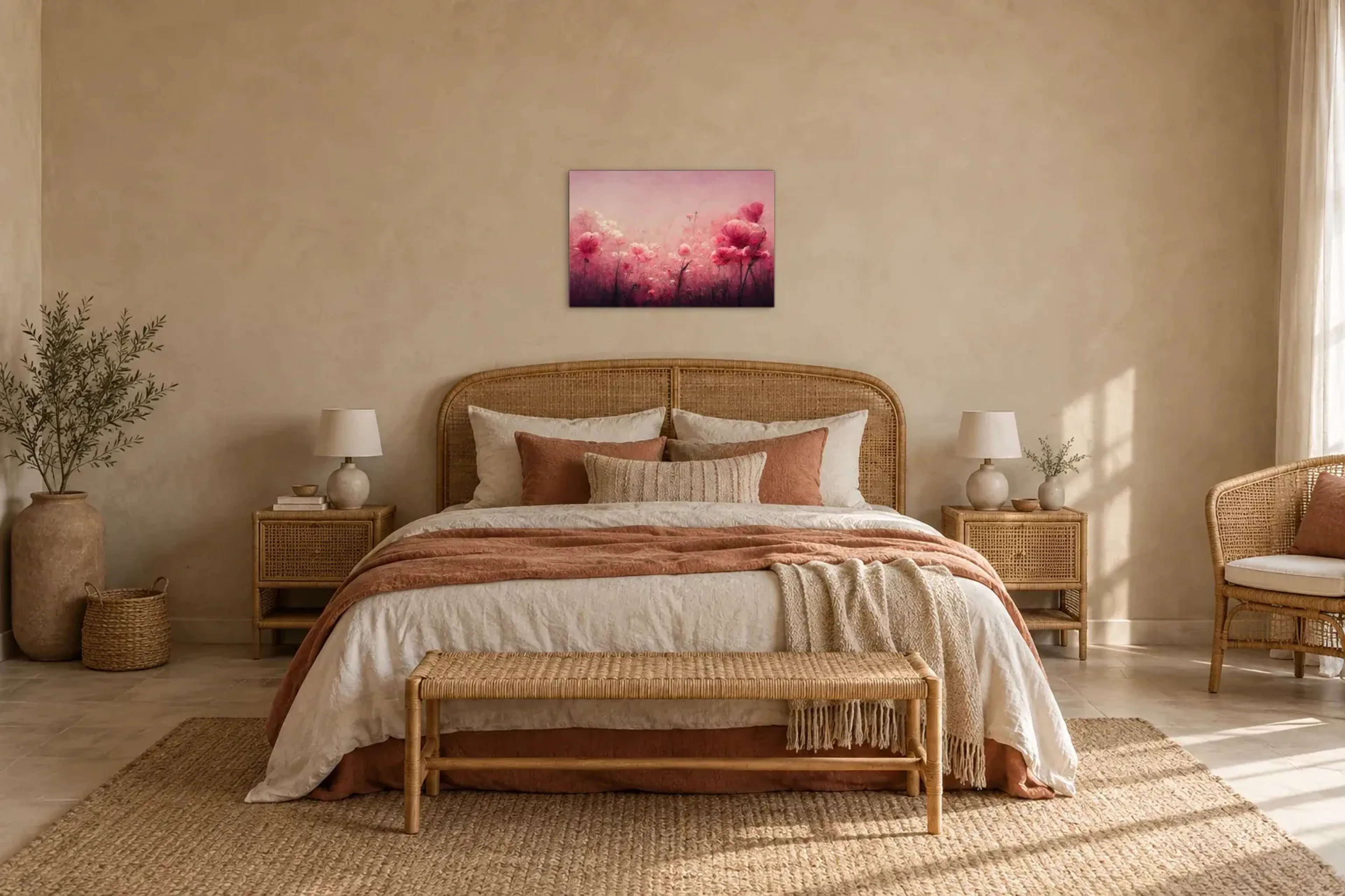 Blütenmeer in Rosa als Wandbild über einem 180-cm-Bett