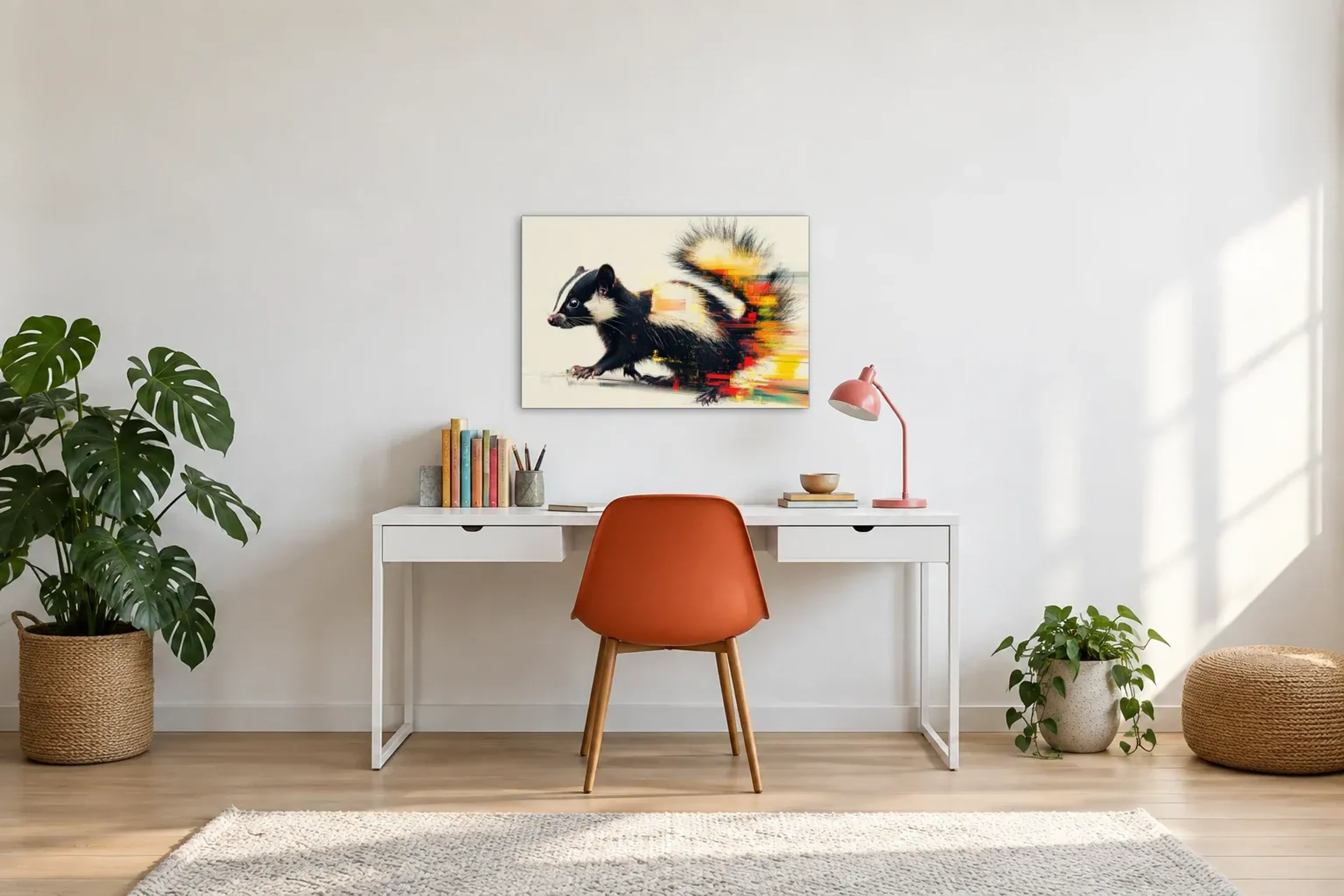 Stinktier mit buschigem Schwanz als Wandbild über einem 140-cm-Schreibtisch