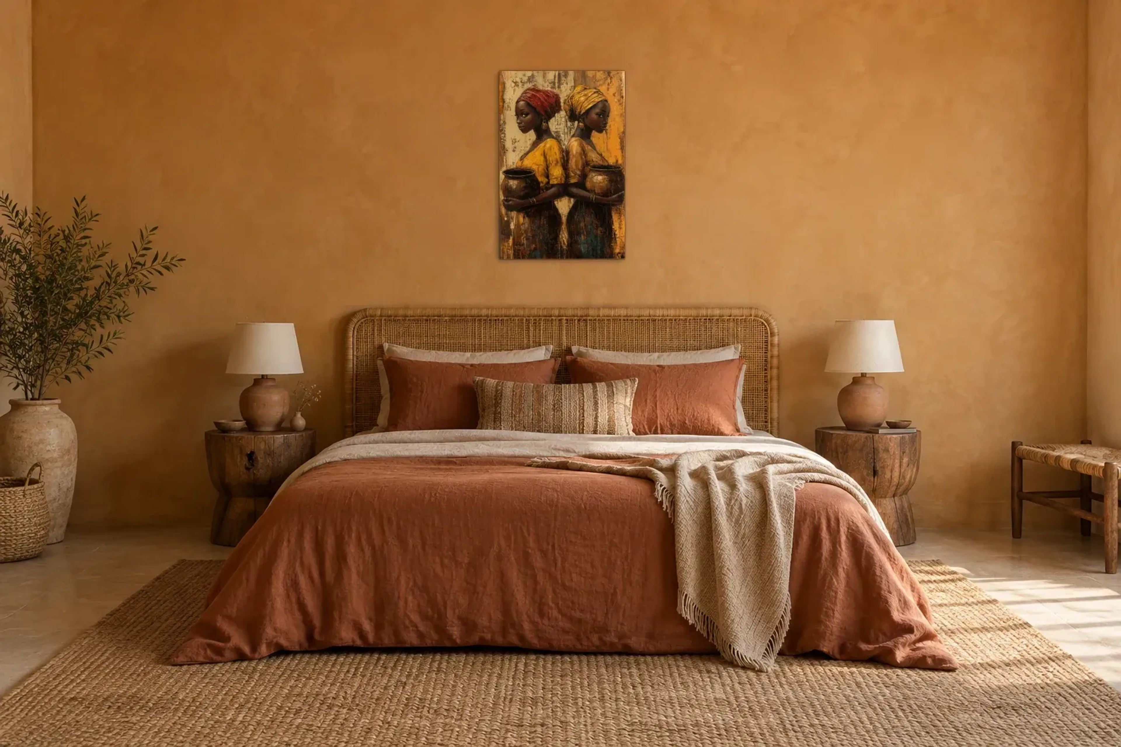 Wasserträger als Wandbild über einem 180-cm-Bett