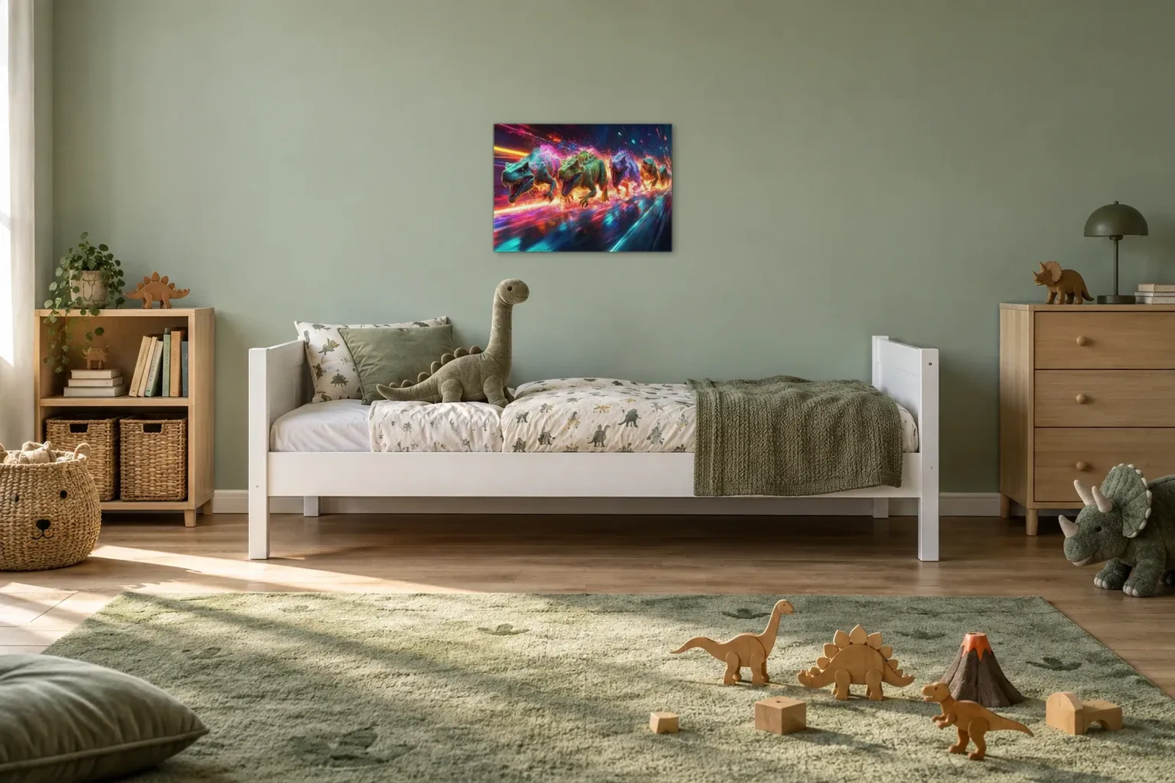 Dinos im Neonlauf als Wandbild über einem 200-cm-Kinderbett