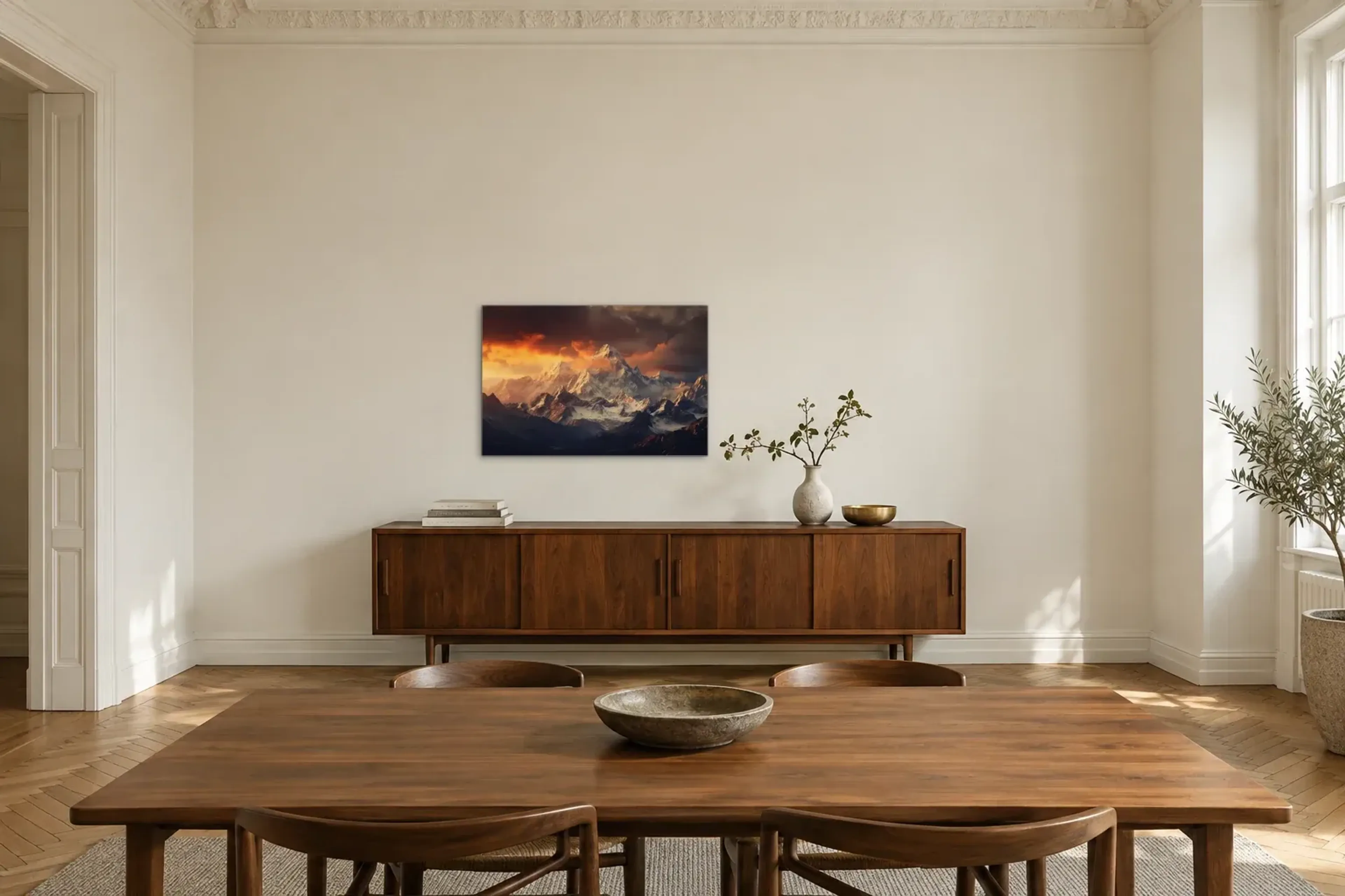 Gipfel im Abendlicht als Wandbild über einem 200-cm-Sideboard