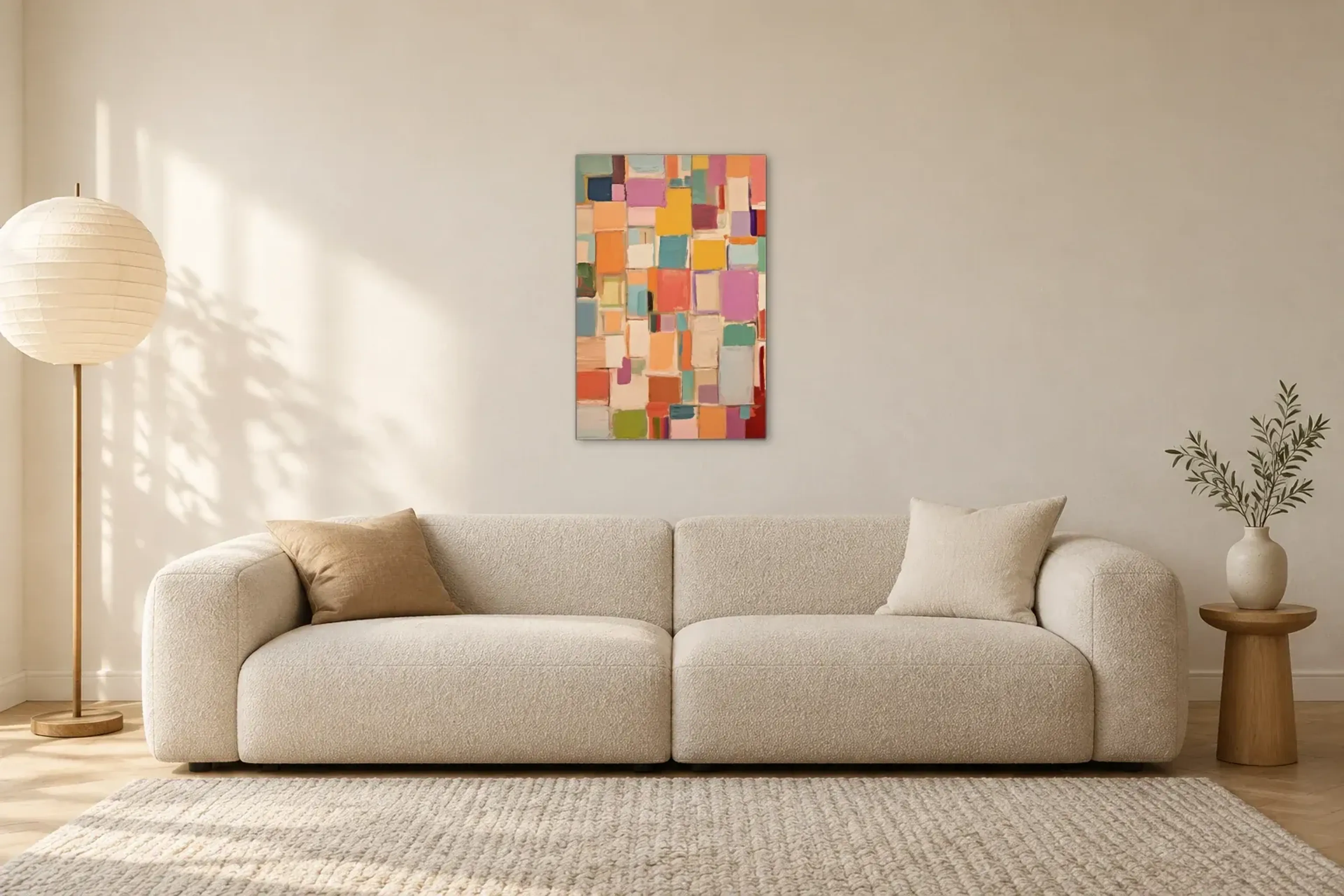 Bunte Farbflächen als Wandbild über einem 230-cm-Sofa