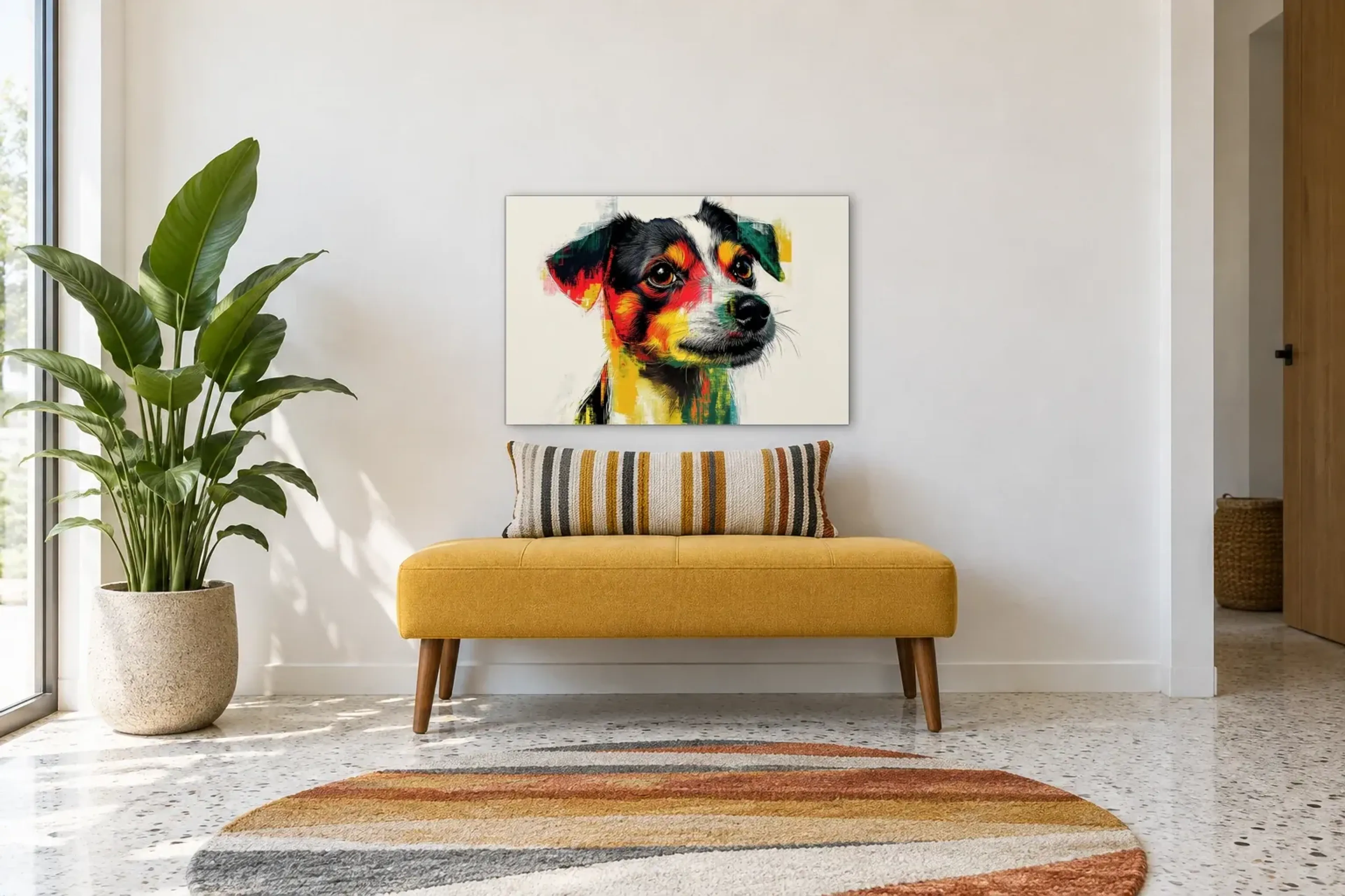Jack Russell im Seitenblick als Wandbild über einer 120-cm-Bank