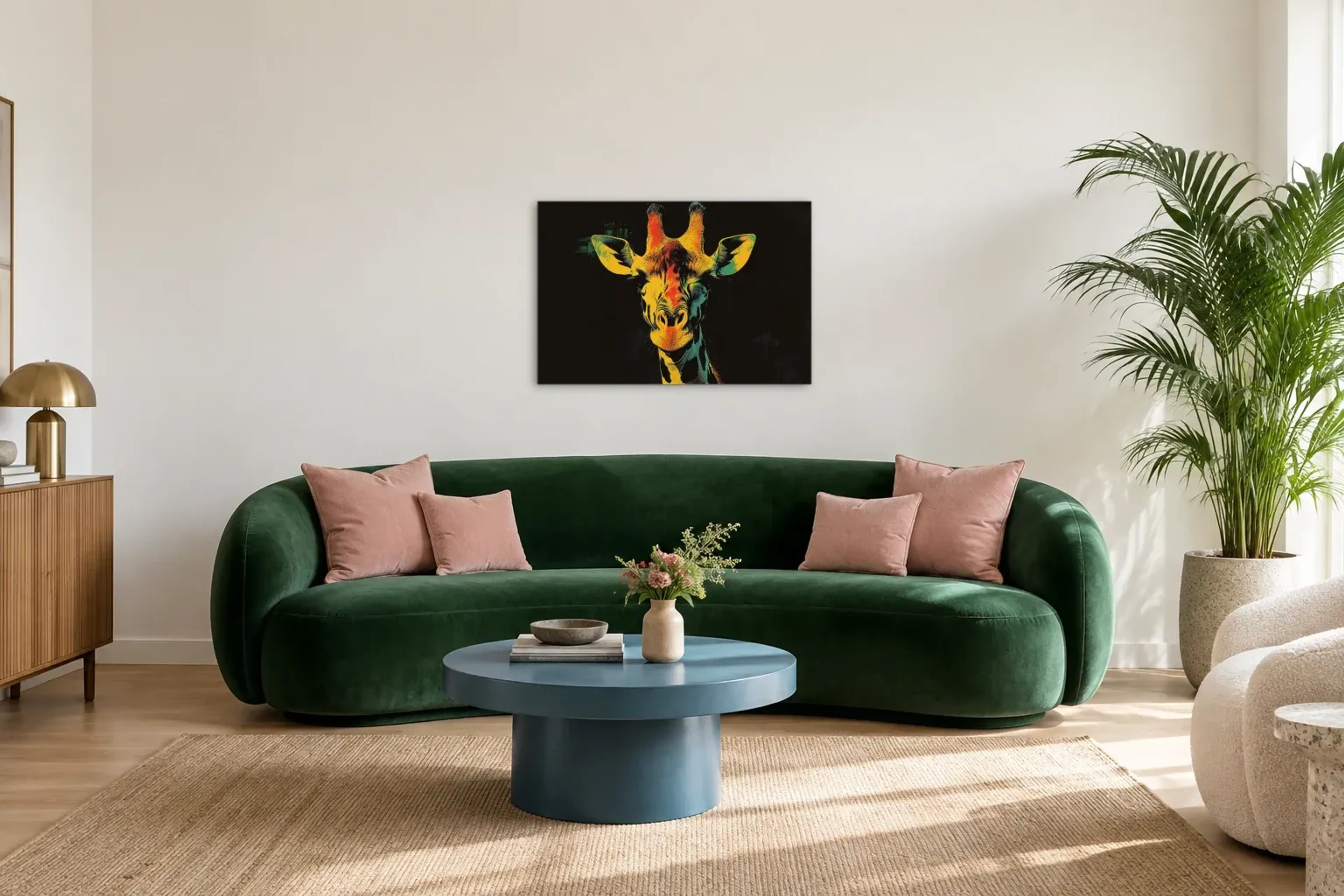 Giraffe in Gelb als Wandbild über einem 220-cm-Sofa