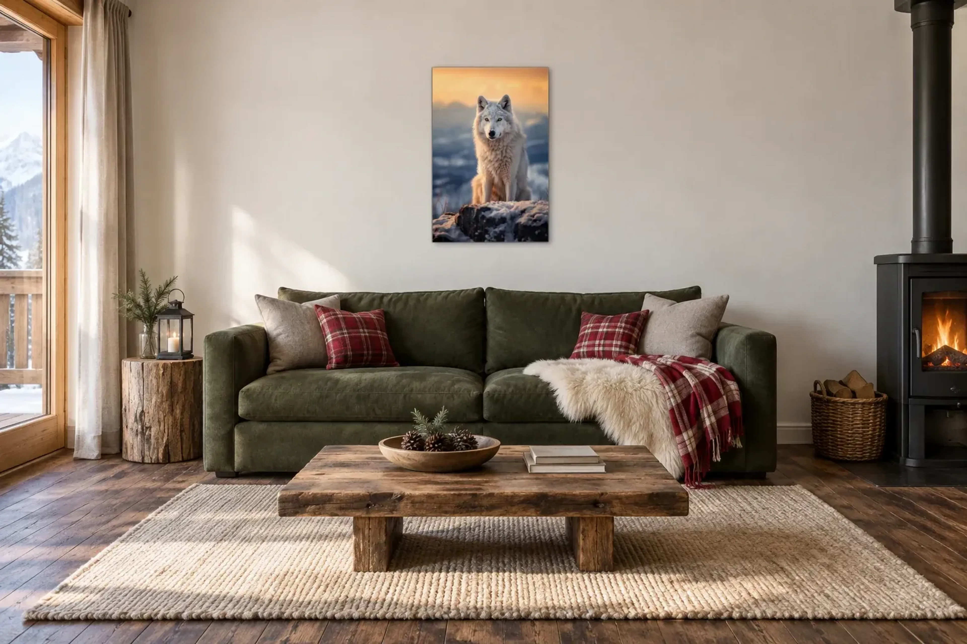 Weißer Wolf als Wandbild über einem 220-cm-Sofa