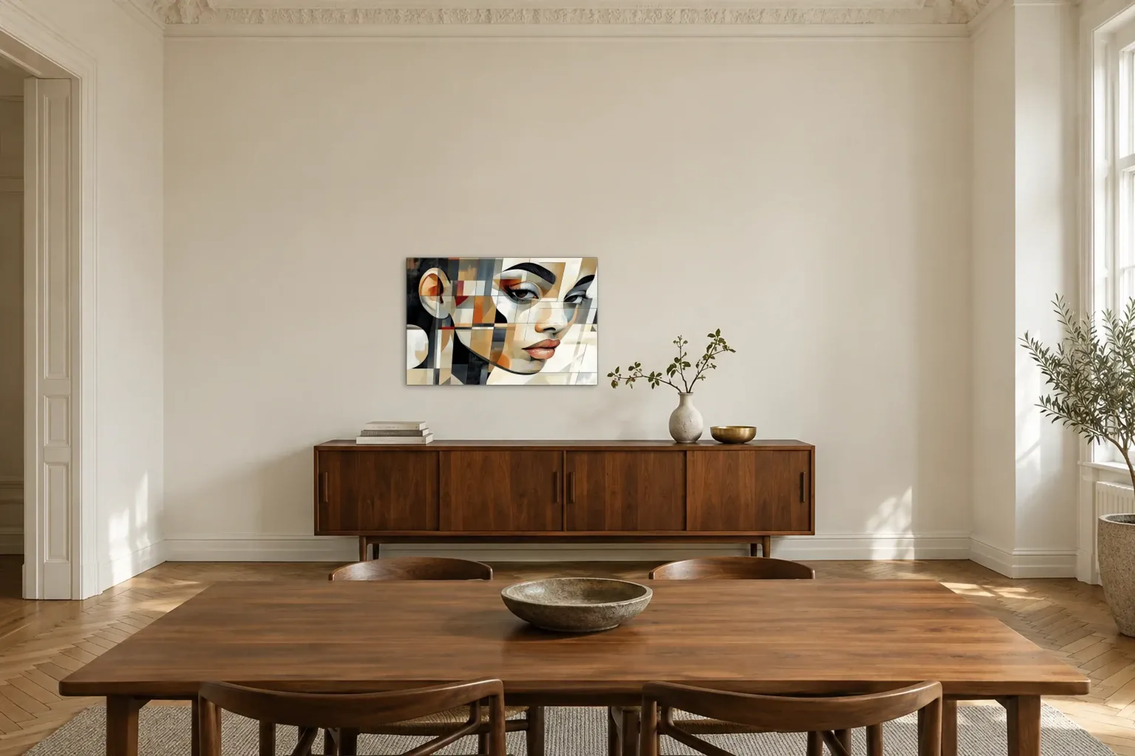 Porträt in Farbflächen als Wandbild über einem 200-cm-Sideboard