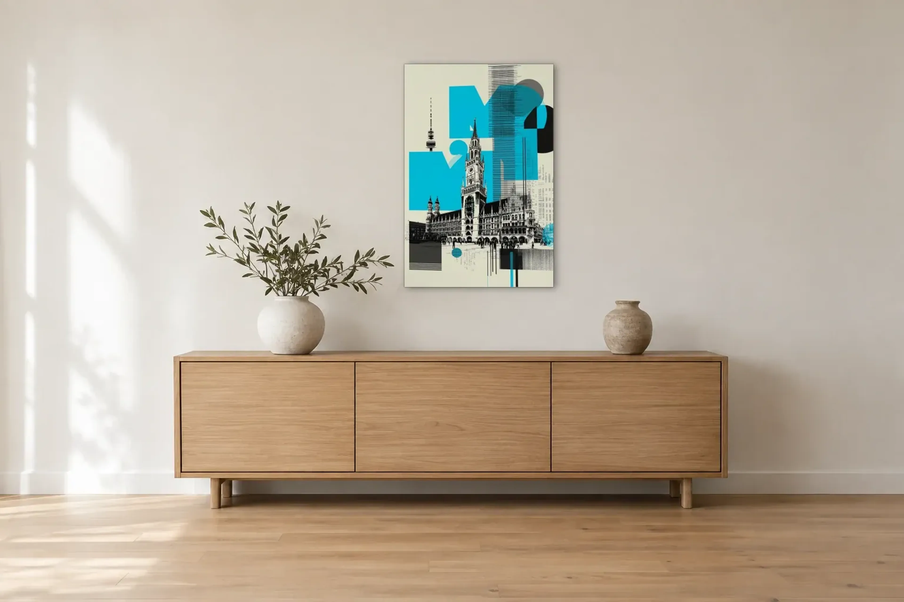 München in Türkis als Wandbild über einem 180-cm-Sideboard