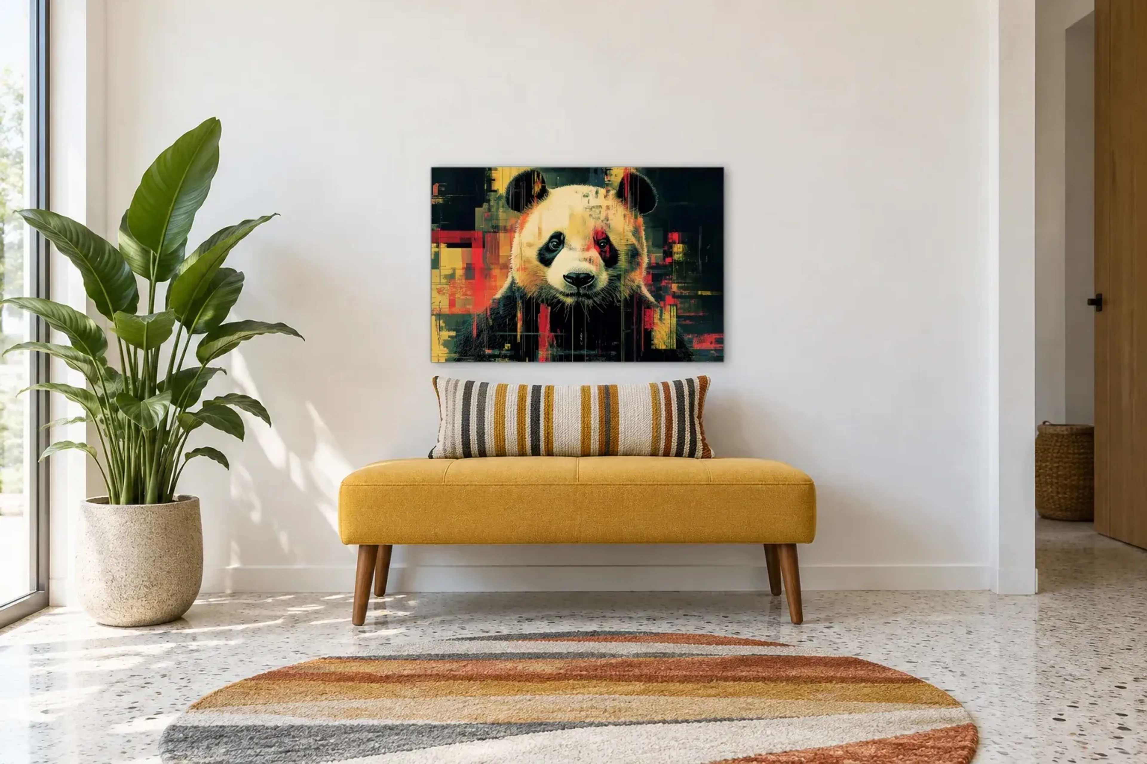 Panda im Farbgeflecht als Wandbild über einer 120-cm-Bank