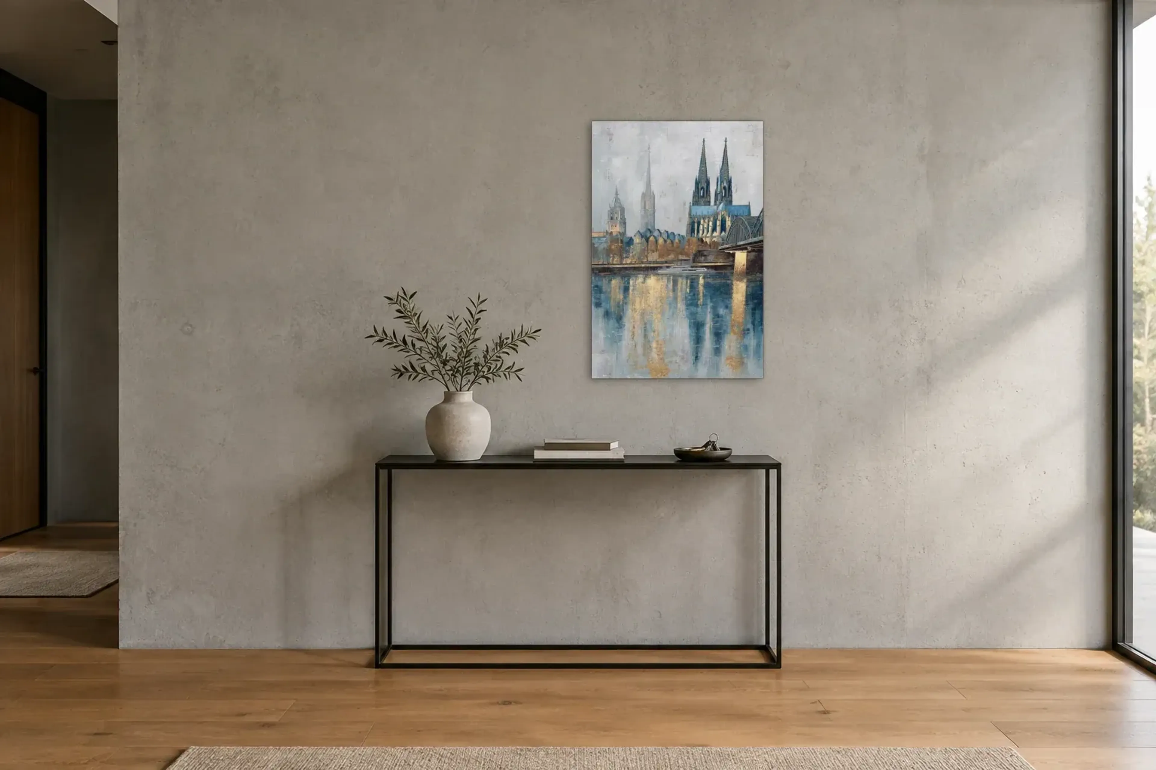 Köln in Blau und Gold als Wandbild über einer 120-cm-Konsole