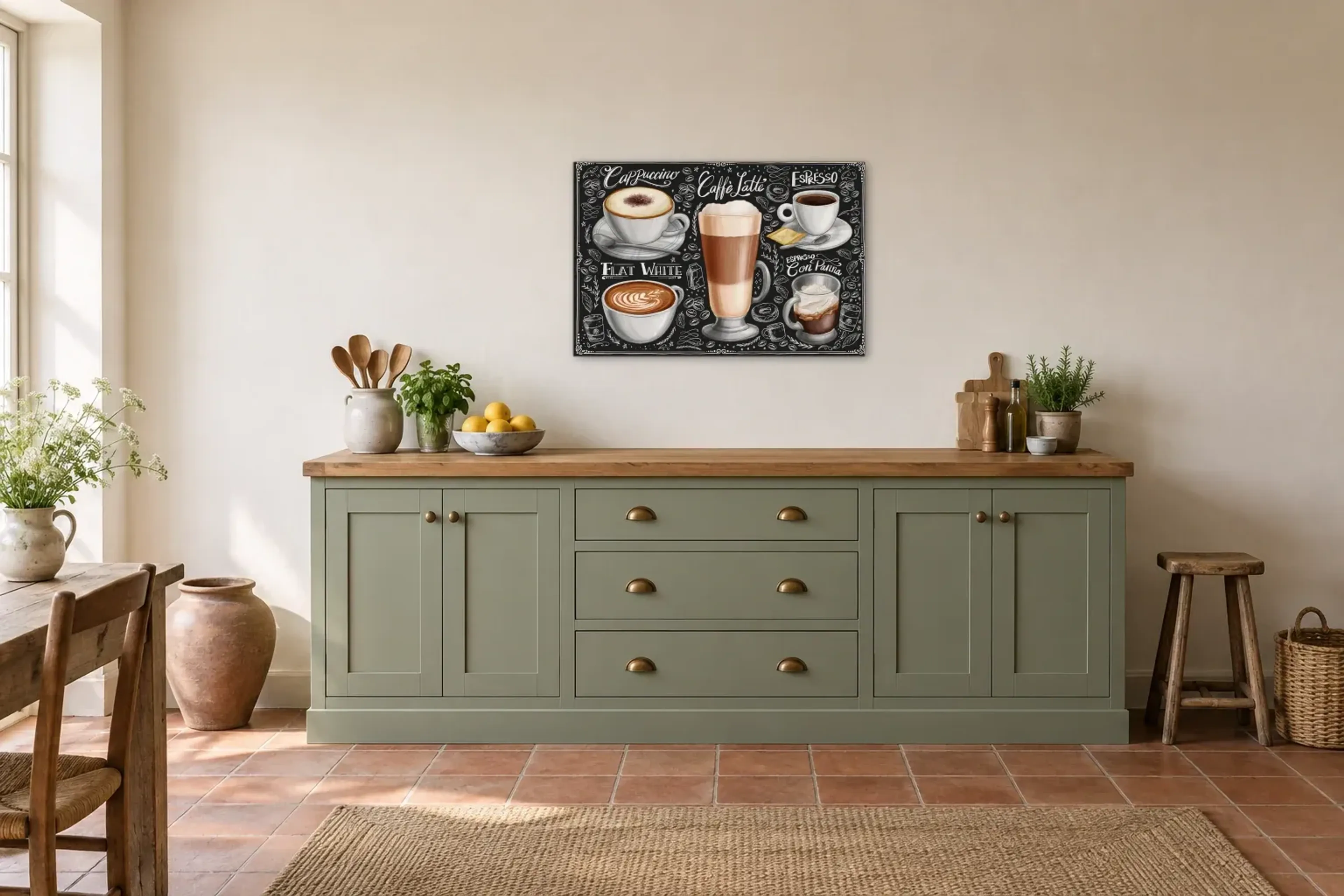 Verschiedene Kaffees als Wandbild über einer 200-cm-Arbeitsplatte