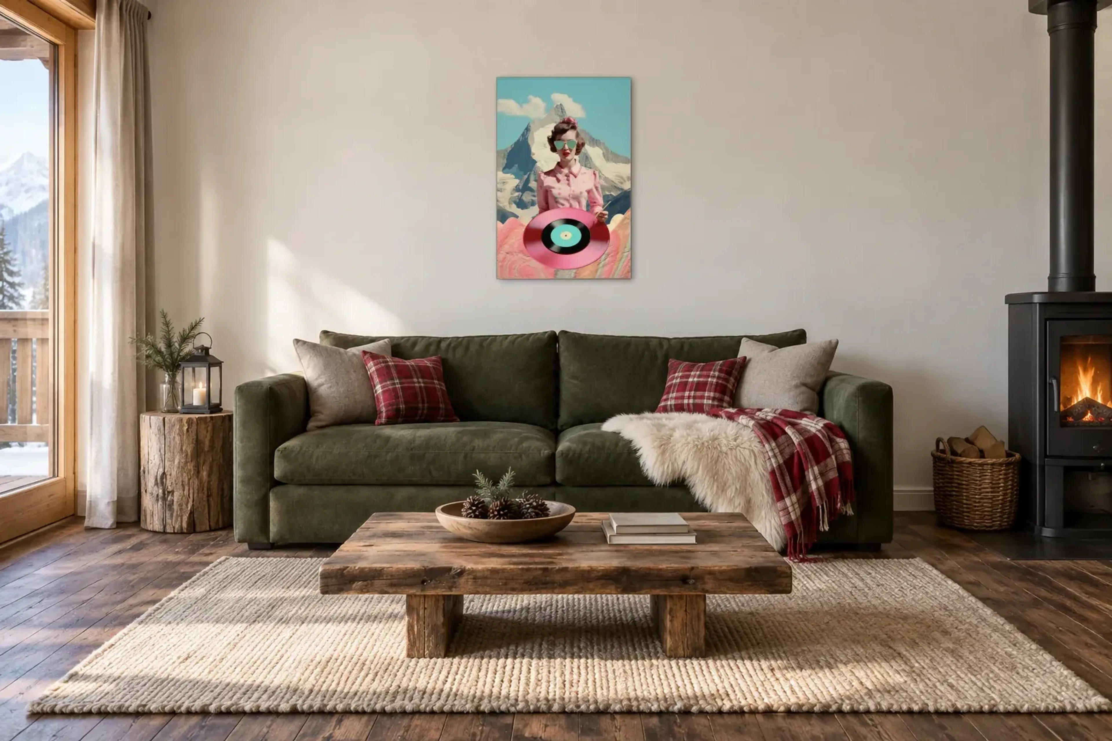 Frau mit rosa Schallplatte als Wandbild über einem 220-cm-Sofa