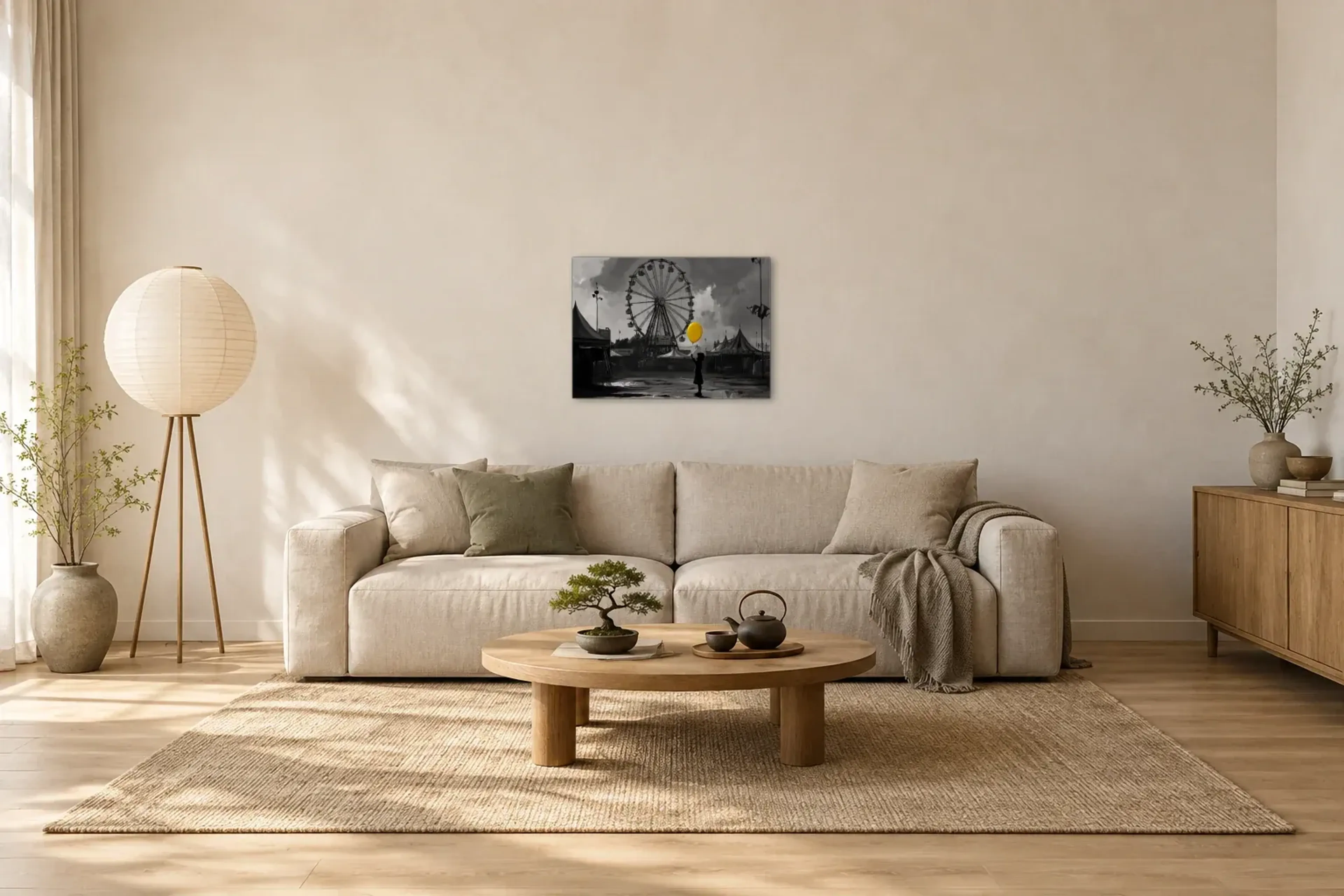Gelber Ballon am Riesenrad als Wandbild über einem 220-cm-Sofa