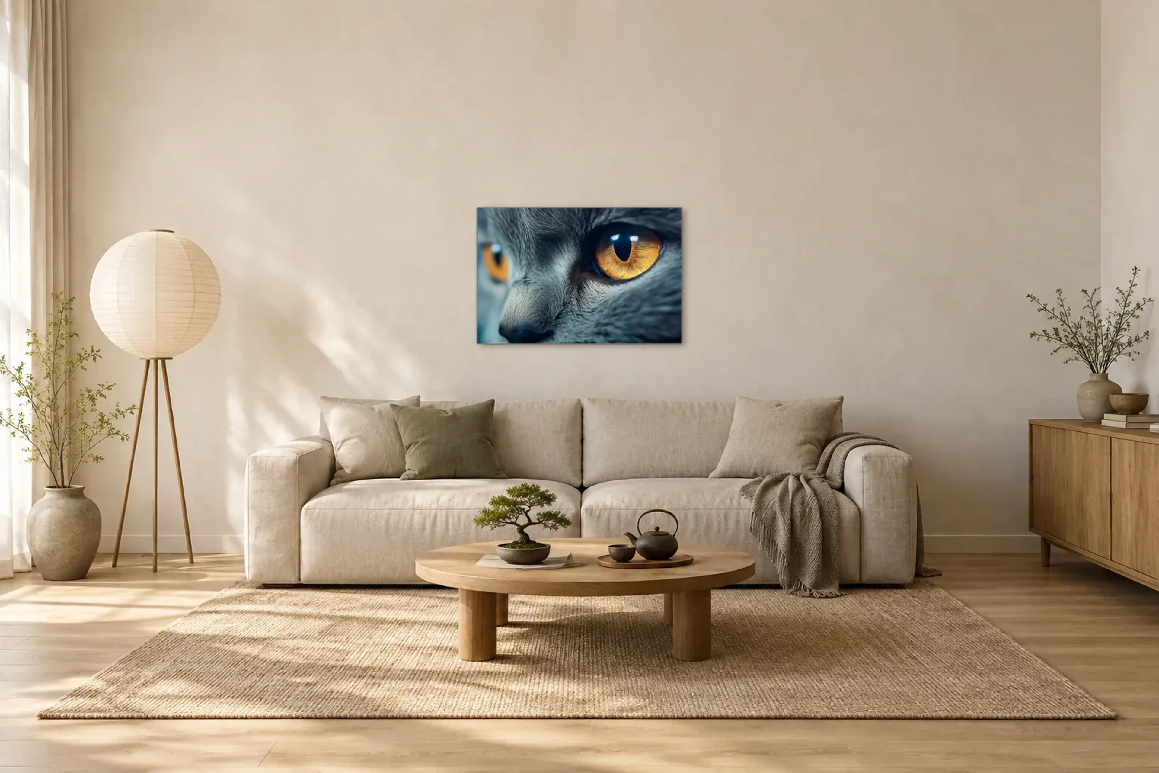 Goldaugen im blaugrauen Fell als Wandbild über einem 220-cm-Sofa
