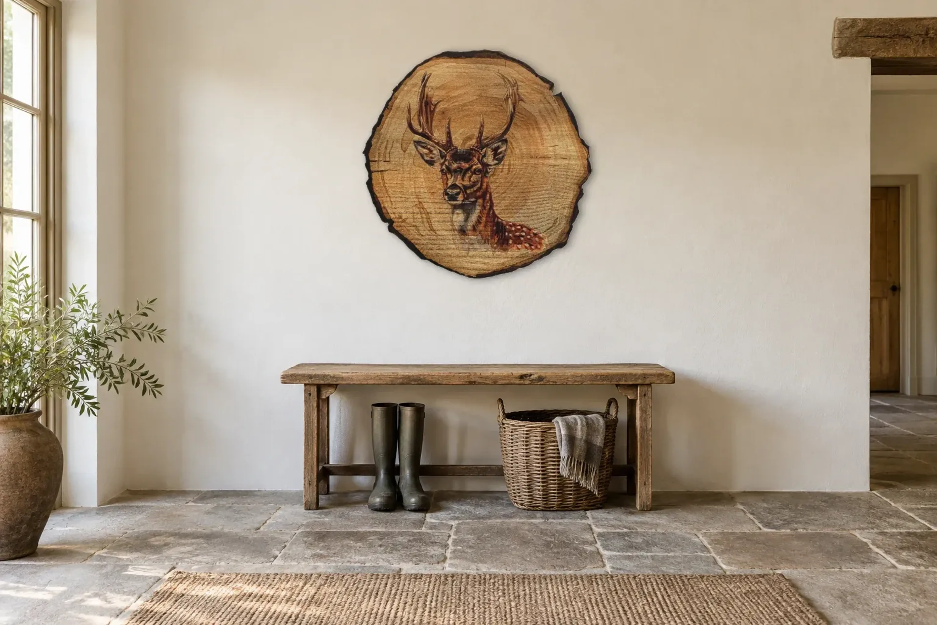 Hirsch mit Geweih als Wandbild über einer 120-cm-Bank