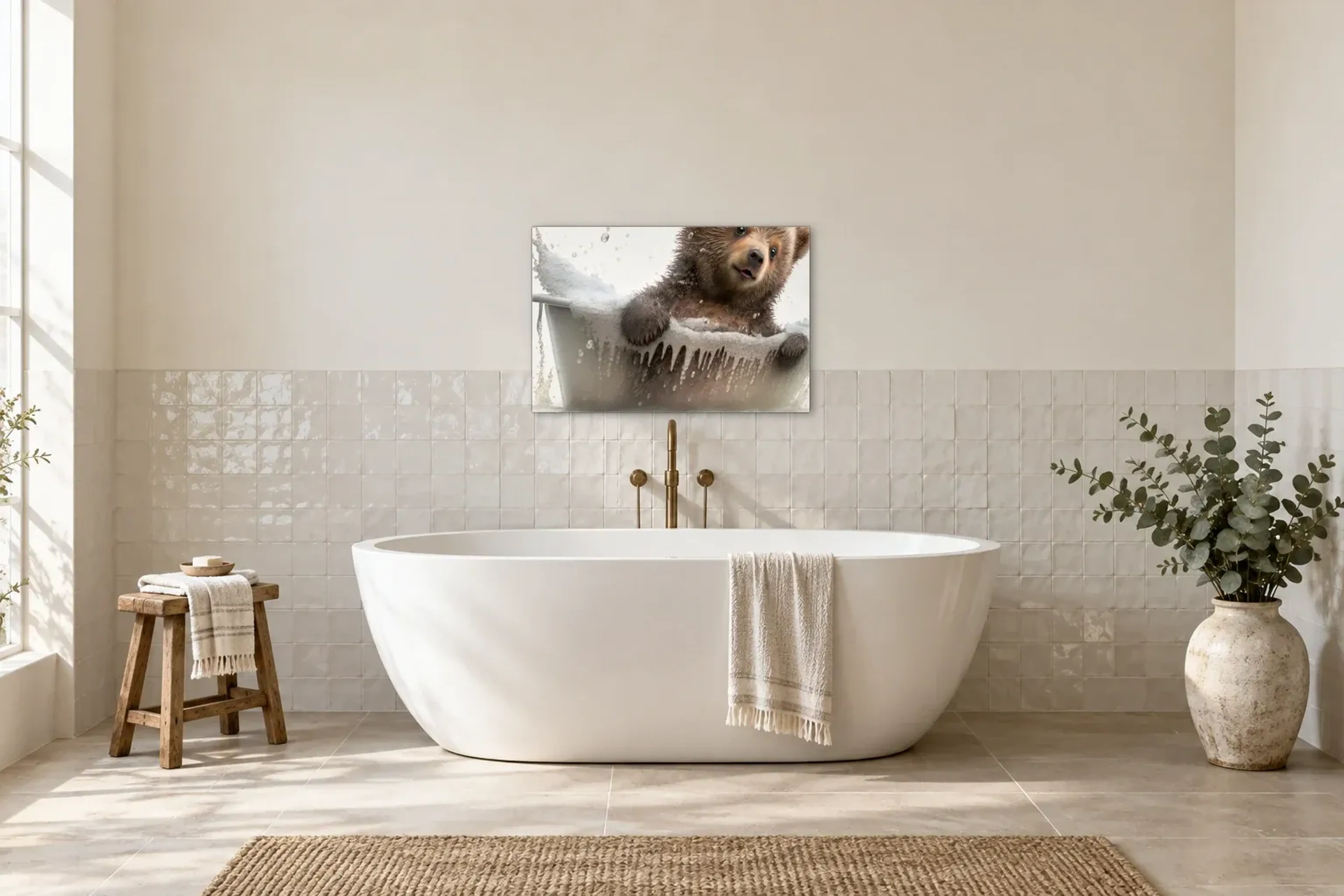 Bär im Schaumbad als Wandbild über einer 170-cm-Badewanne