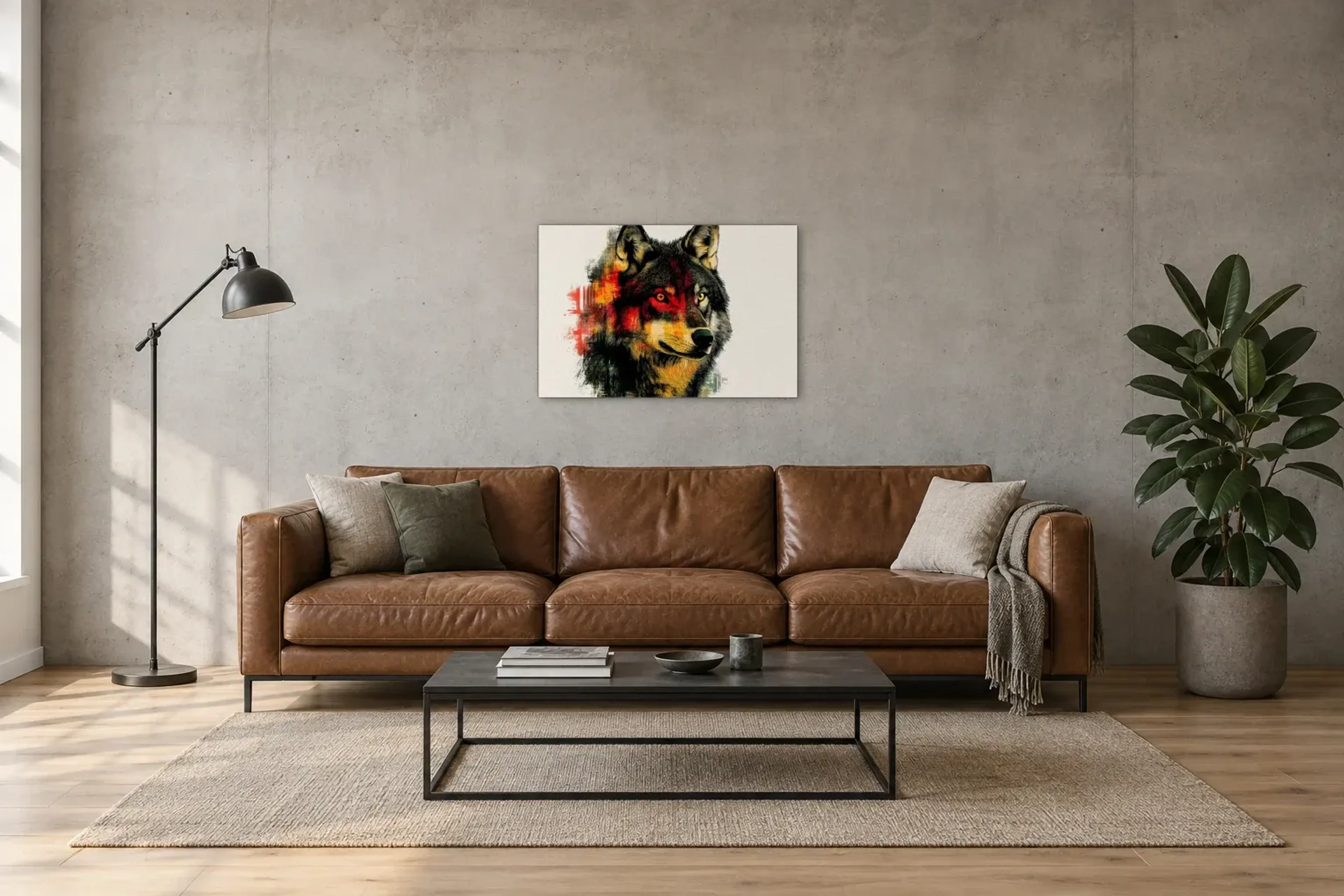 Wolf auf hellem Grund als Wandbild über einem 220-cm-Sofa