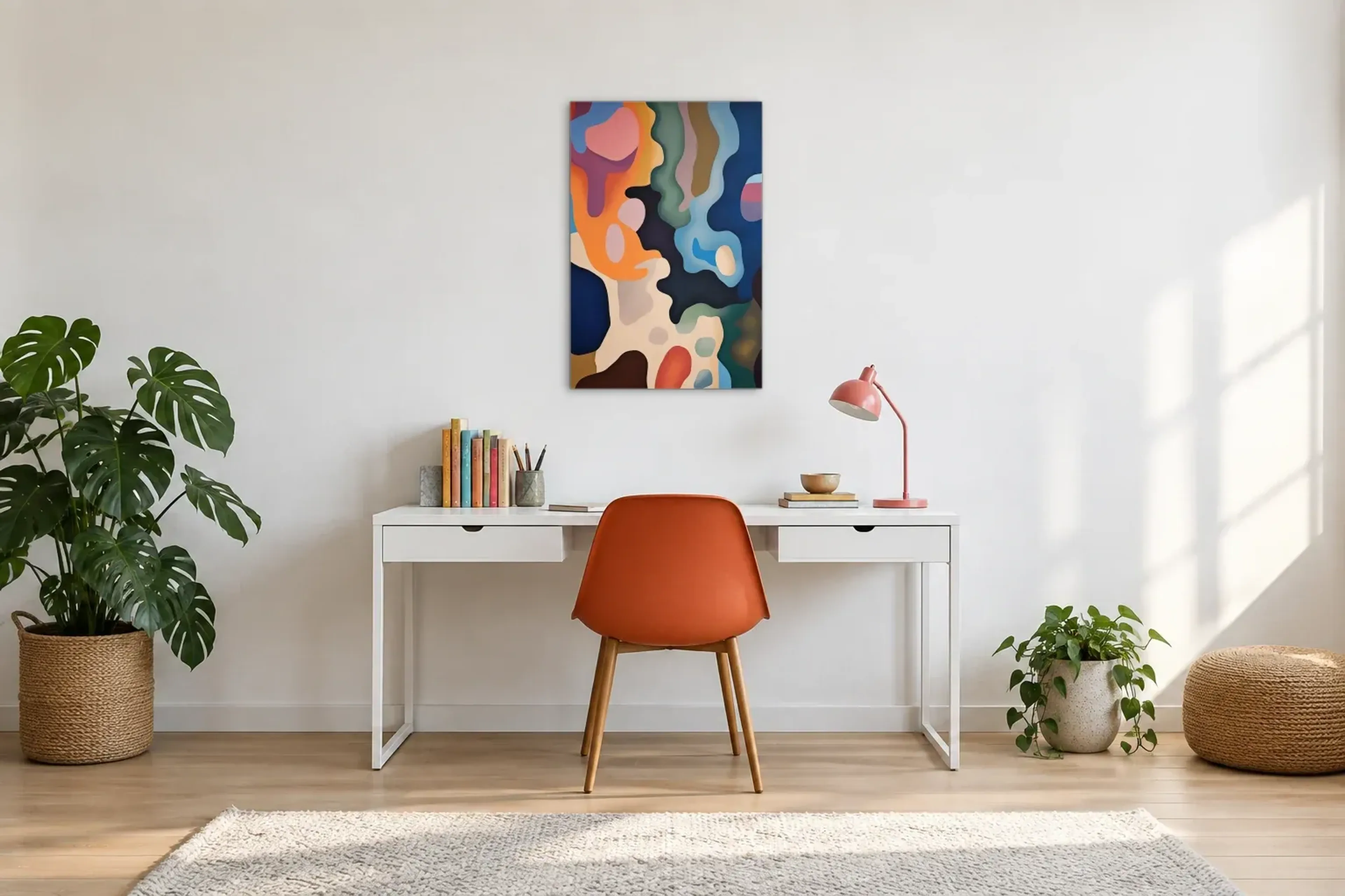 Fließende Farbformen als Wandbild über einem 140-cm-Schreibtisch