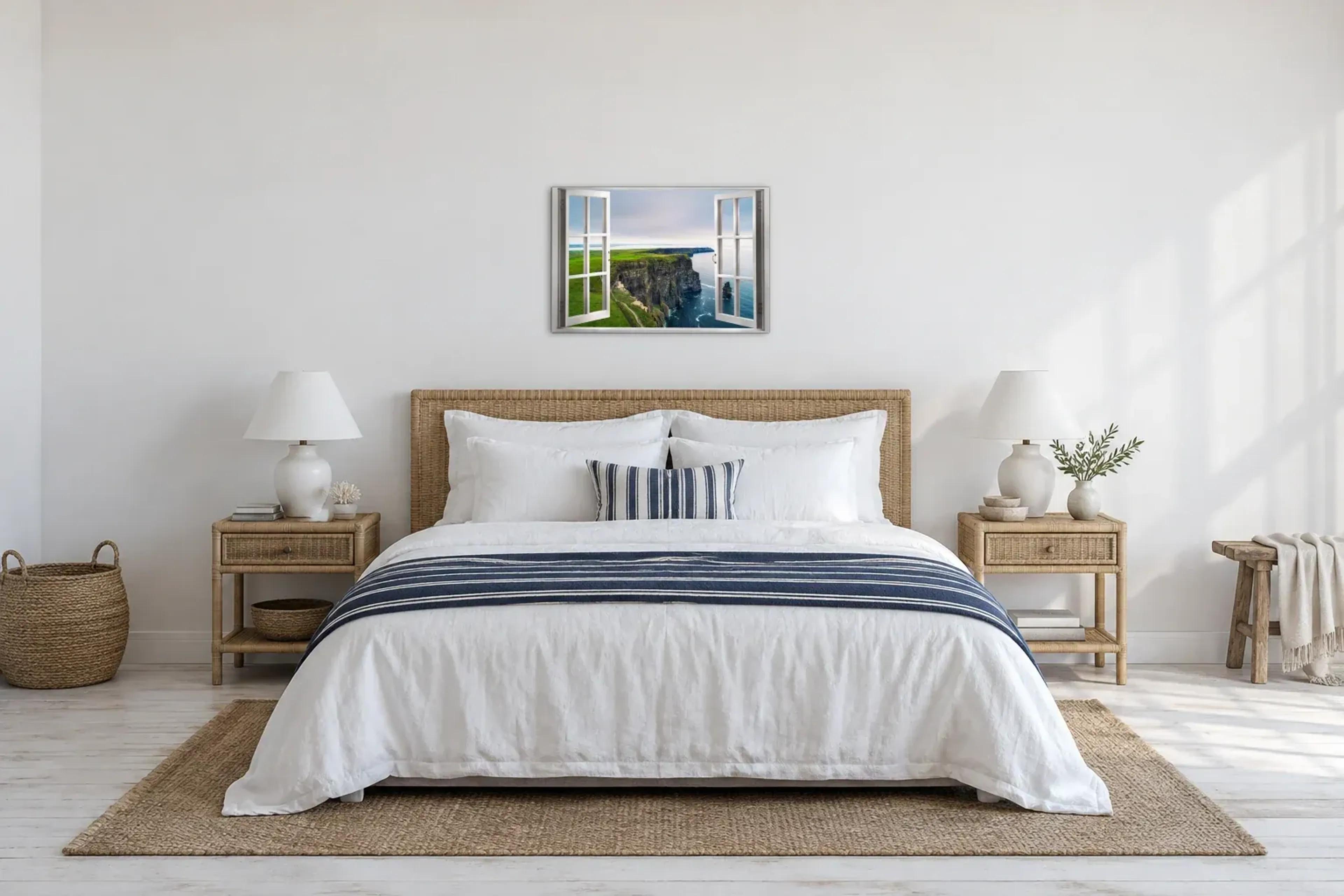 Blick auf die Steilküste als Wandbild über einem 180-cm-Bett