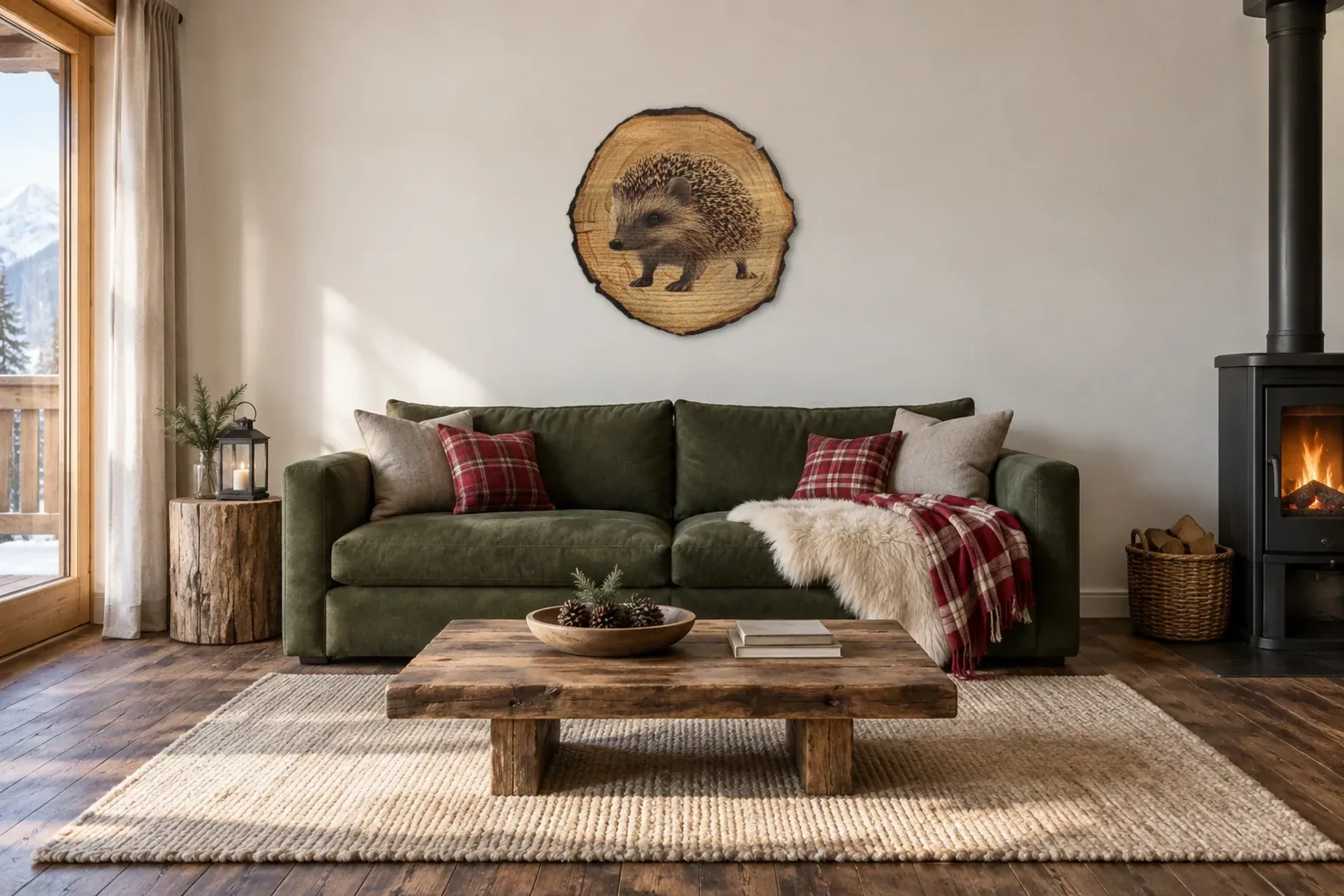 Igel auf kleinen Pfoten als Wandbild über einem 220-cm-Sofa