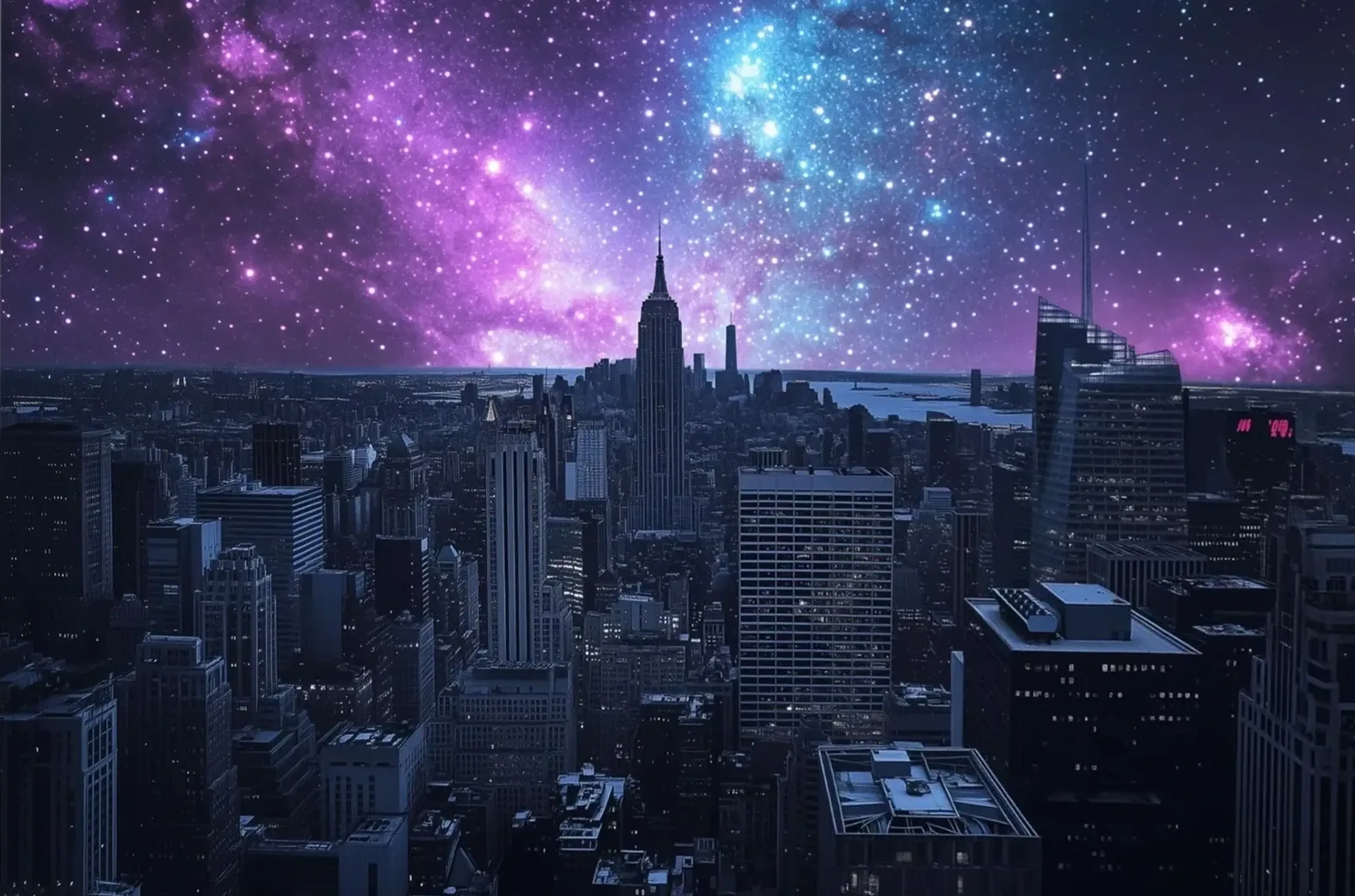 Dunkle Hochhauslandschaft unter einem leuchtenden Sternenhimmel mit violetten, pinkfarbenen und türkisen Lichtwolken.
