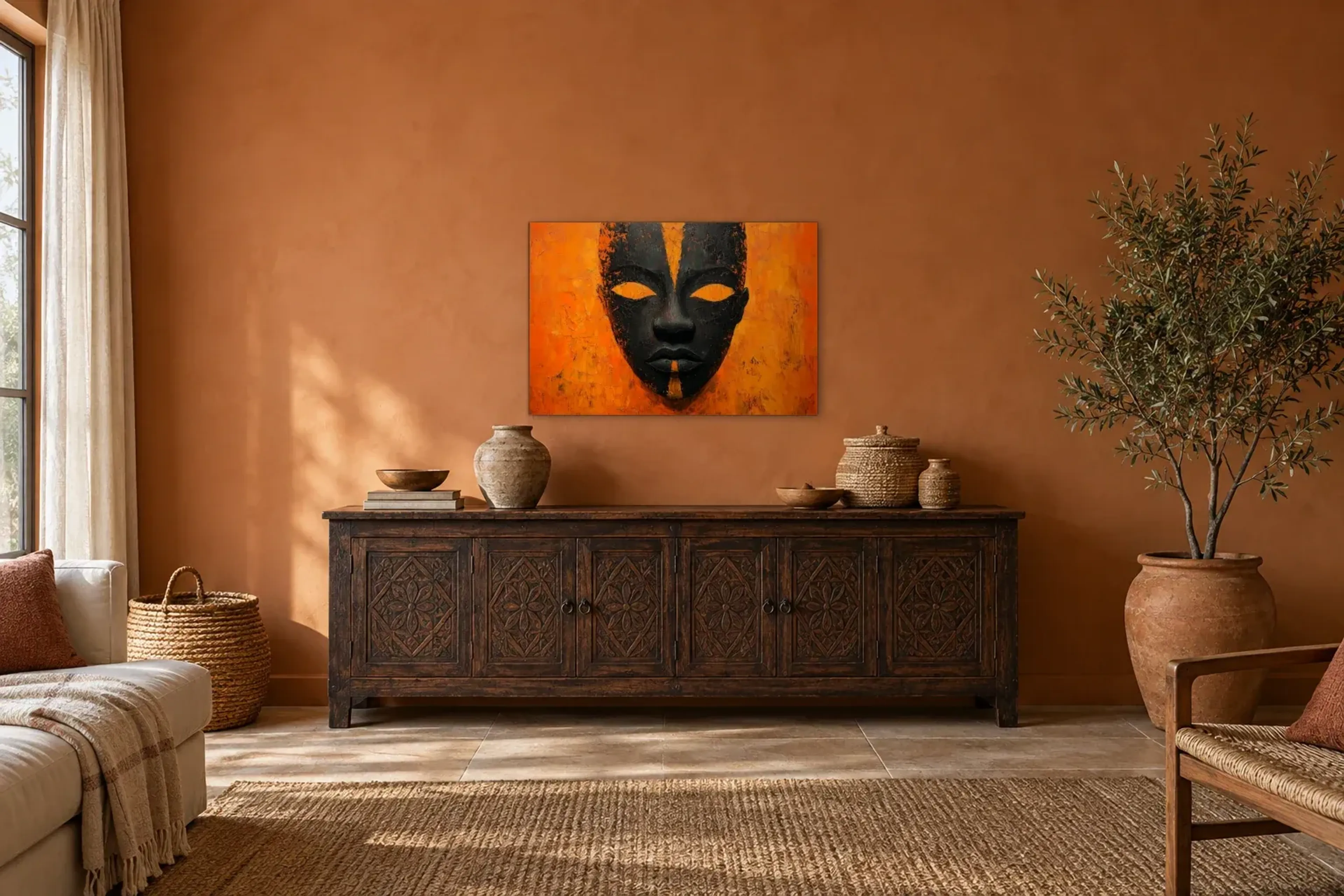 Maske in Schwarz und Orange als Wandbild über einem 180-cm-Sideboard