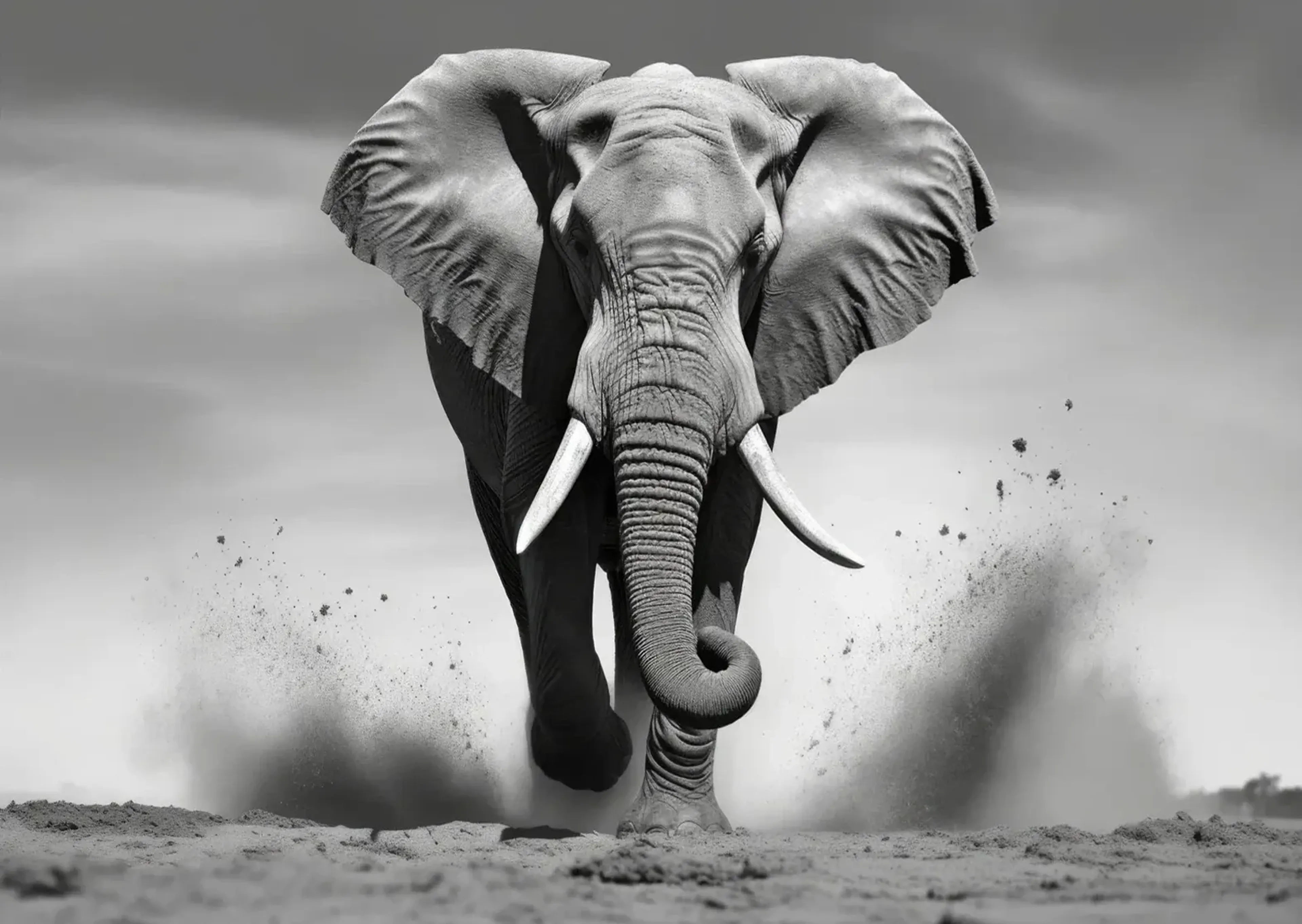 Ein Elefant mit eingerollter Rüsselspitze läuft durch Staub, dargestellt in Schwarz-Weiß.
