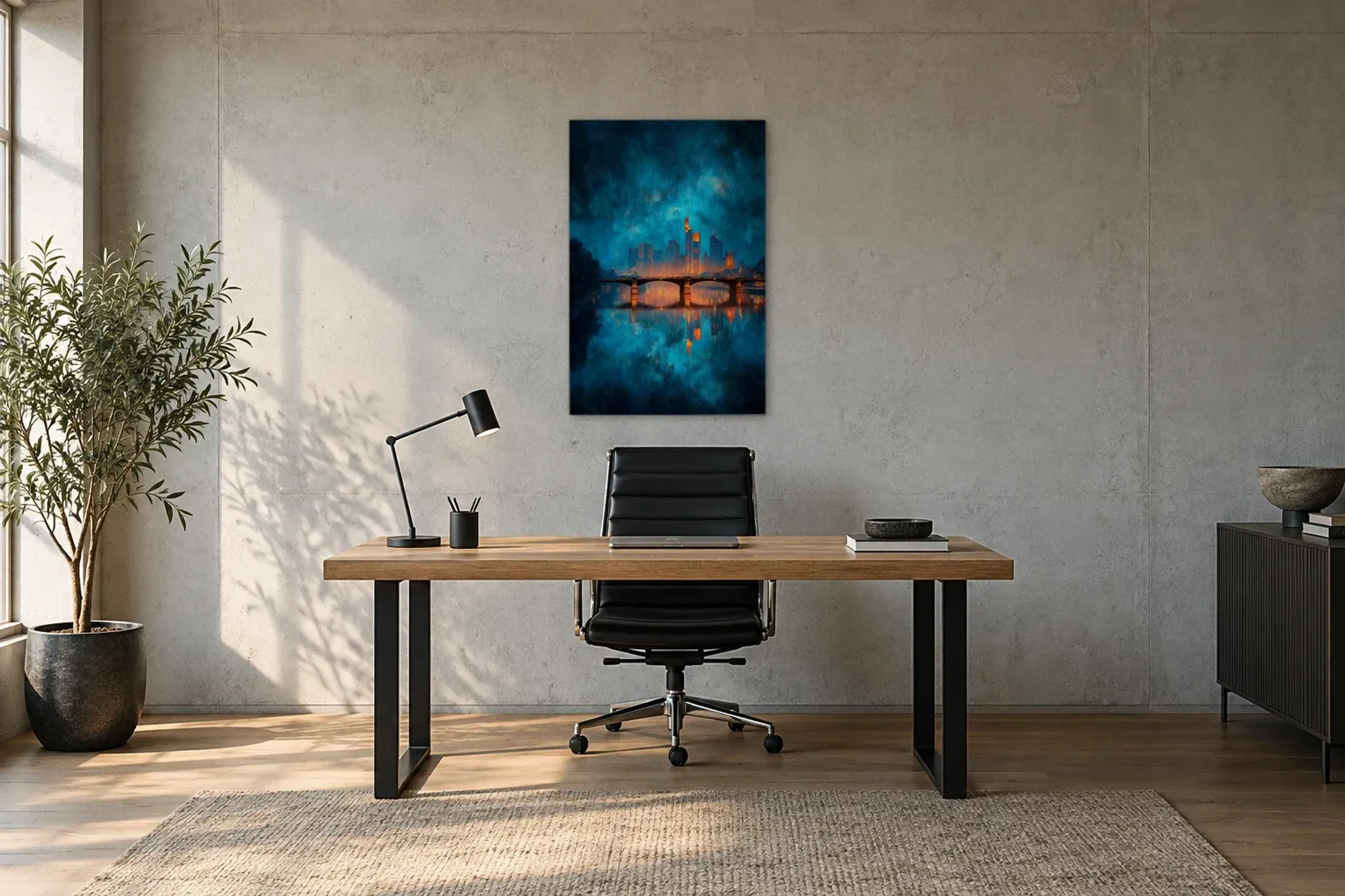 Frankfurt unter türkisblauem Himmel als Wandbild über einem 160-cm-Schreibtisch