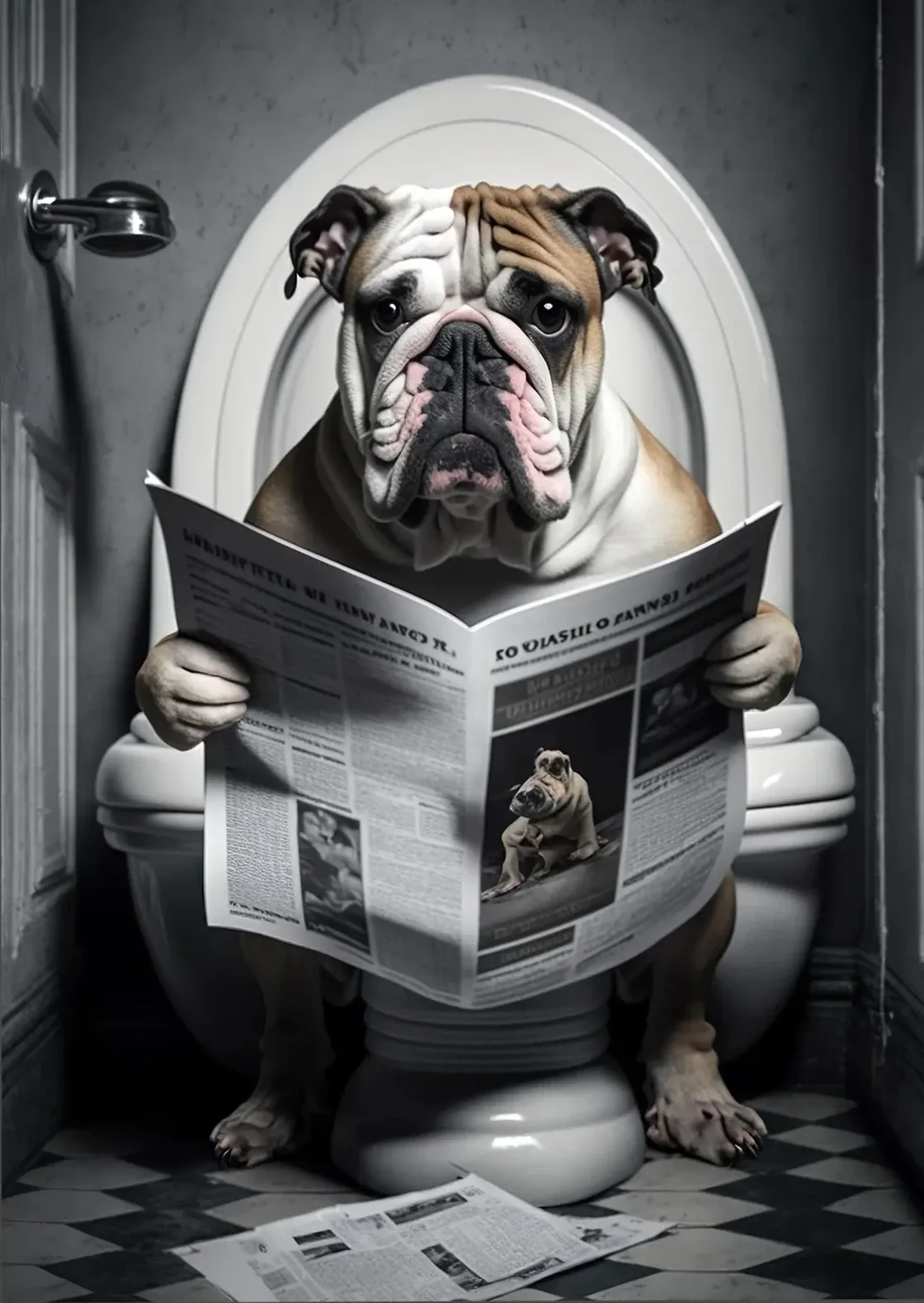 Eine weiß-braune Bulldogge sitzt mit offener Zeitung auf einer Toilette in einem dunklen Bad mit Schachbrettboden.