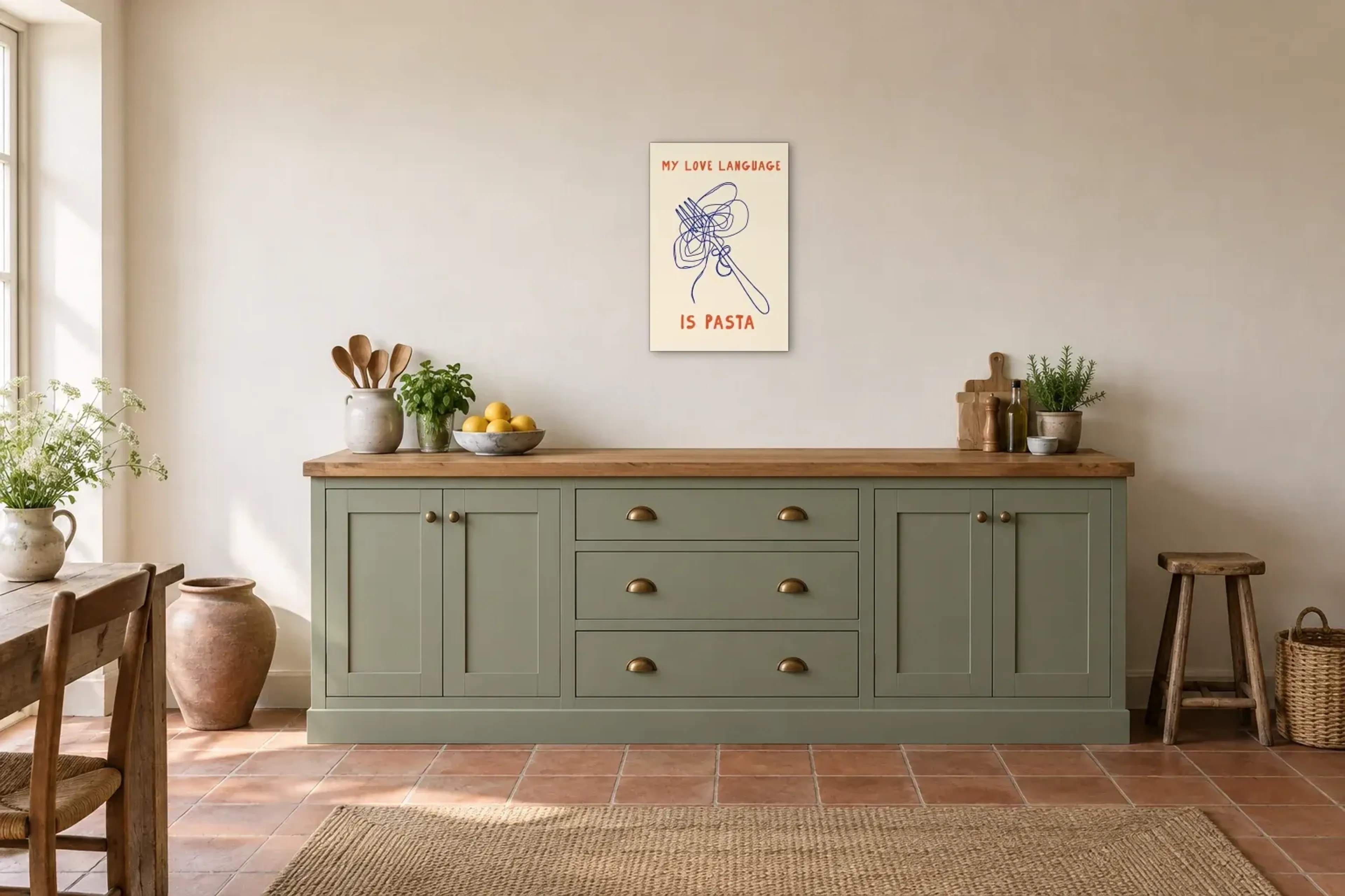 Pasta Liebe als Wandbild über einer 200-cm-Arbeitsplatte