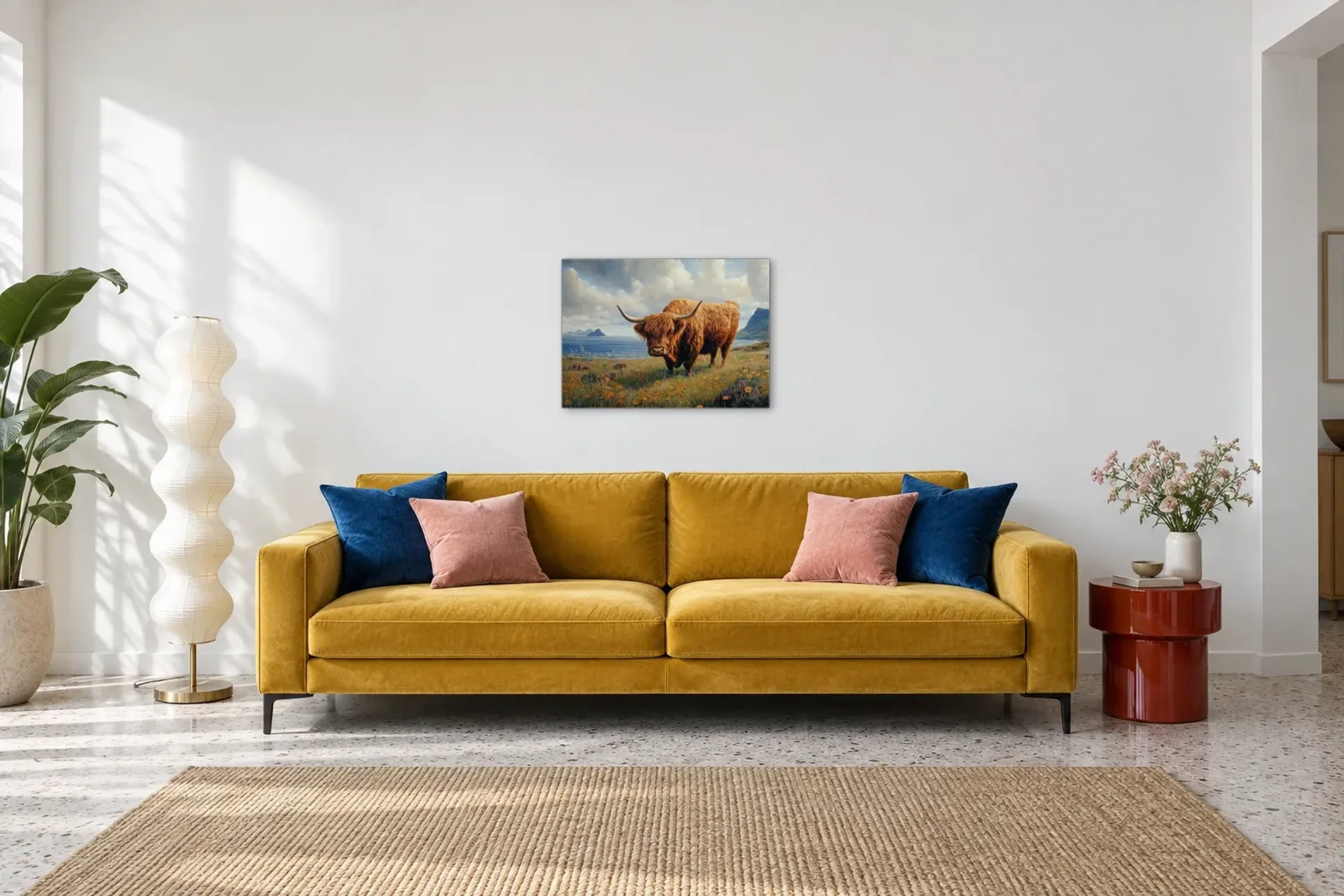 Hochlandrind an der Küste als Wandbild über einem 220-cm-Sofa