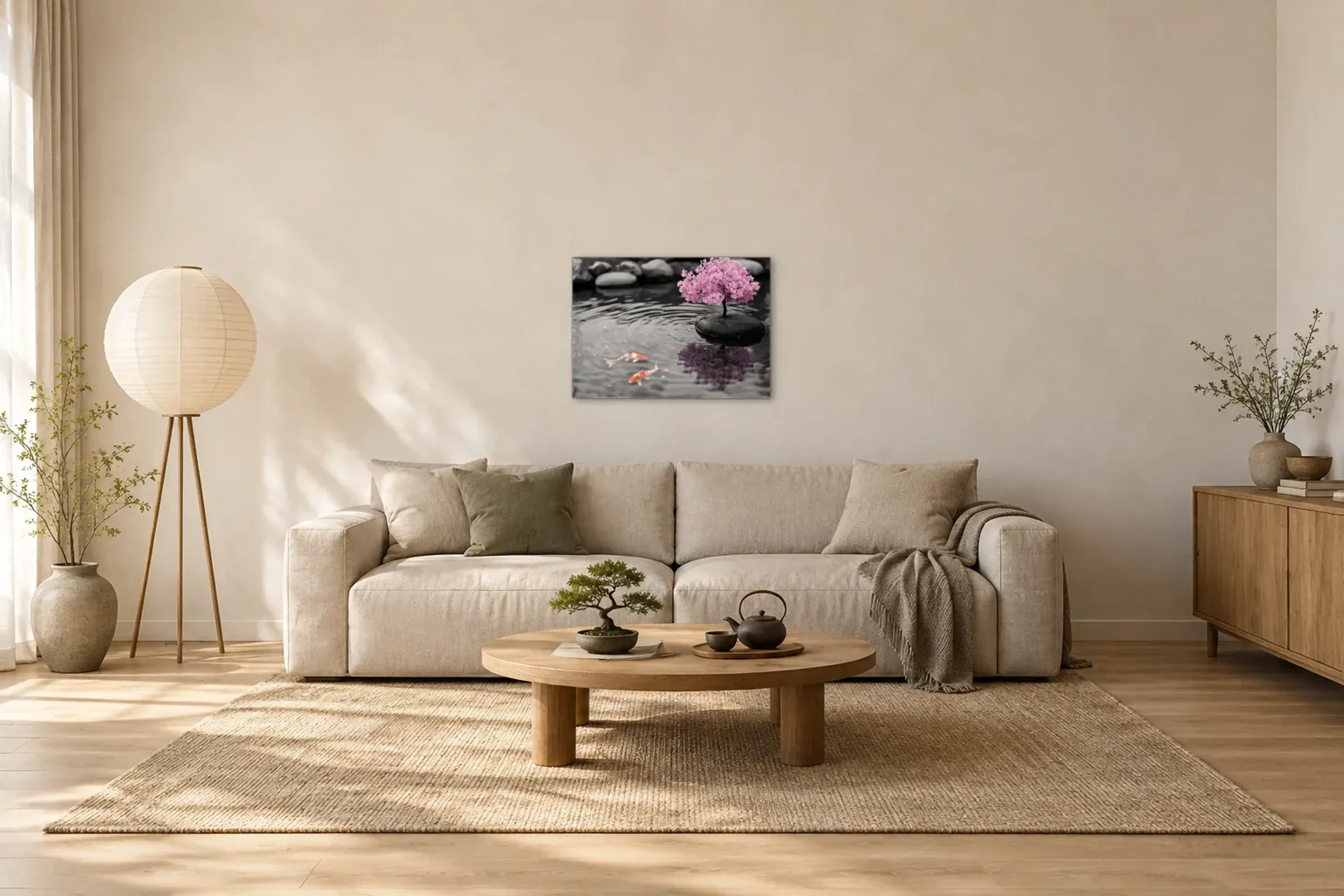 Bonsai am Wasser als Wandbild über einem 220-cm-Sofa