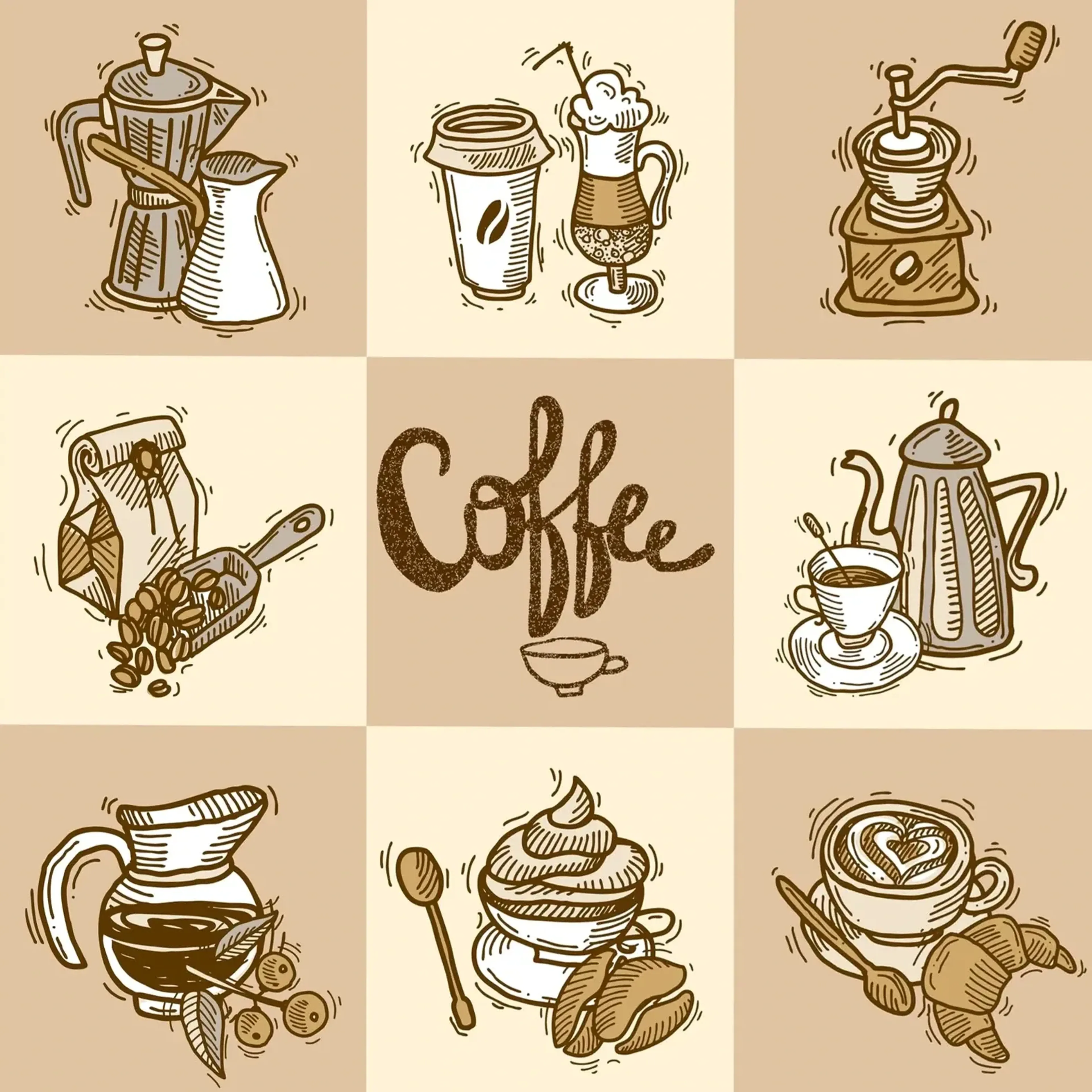Neun beige und cremefarbene Felder mit braunen Zeichnungen von Kaffeezubehör, Gebäck und dem Wort „Coffee“.